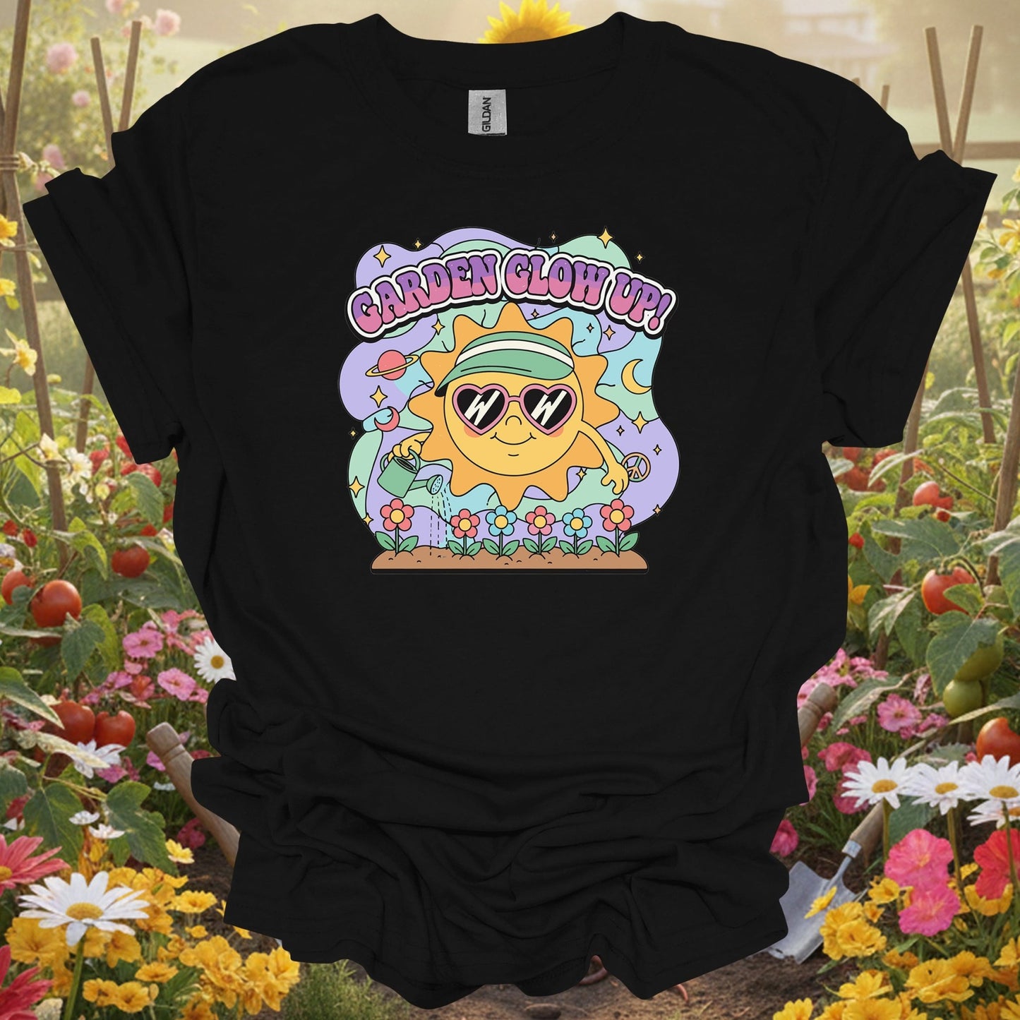 Black shirt showing garden glow up 90s aesthetic happy sun for outdoor enthusiasts