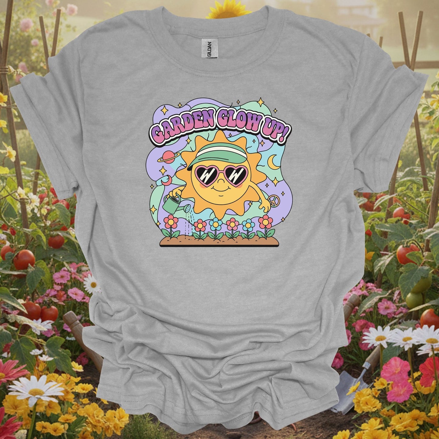 Sport Grey tshirt showing garden glow up 90s aesthetic happy sun for backyard growers