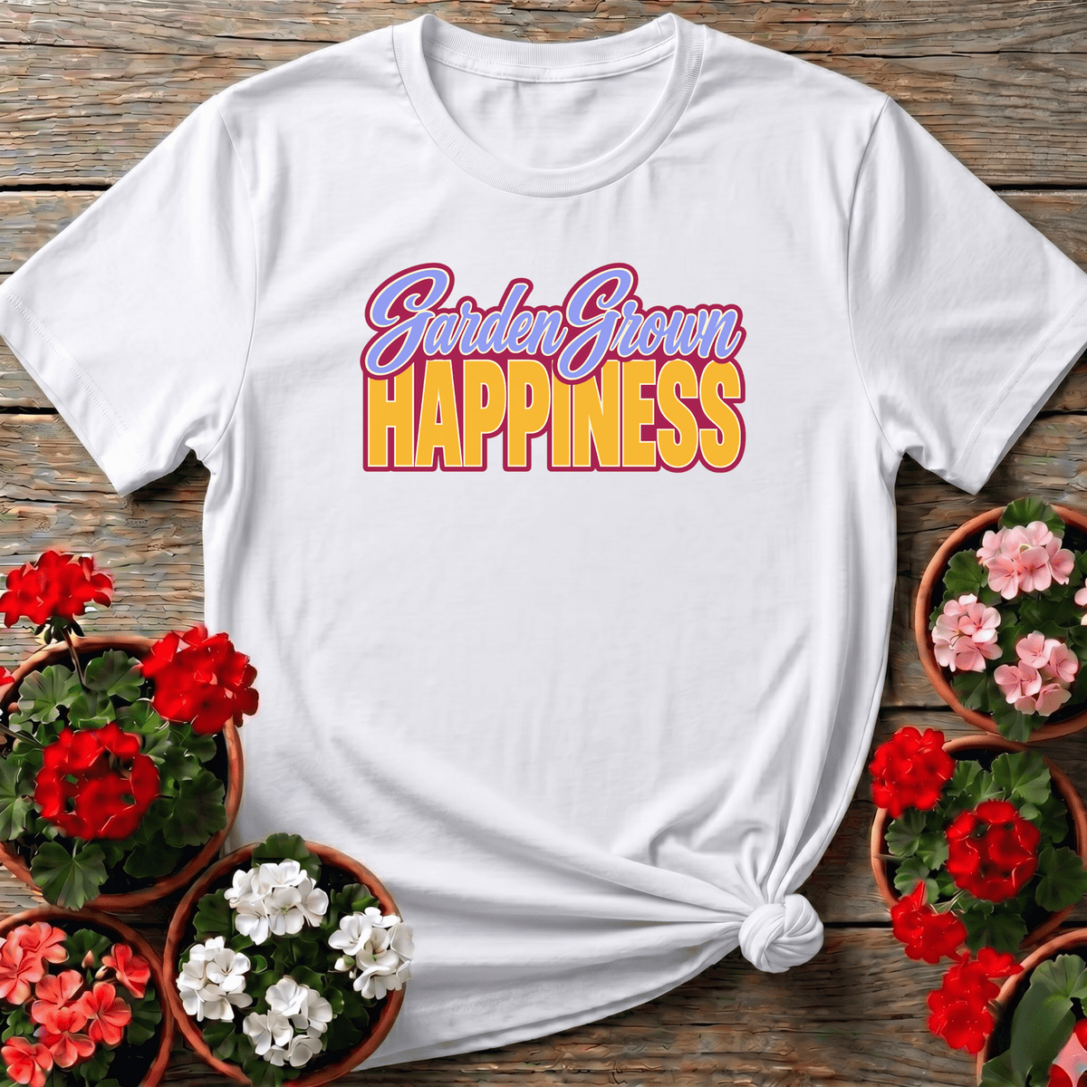 White sun-soaked vintage script gardening shirt with "Garden Grown Happiness" for cottagecore gardeners