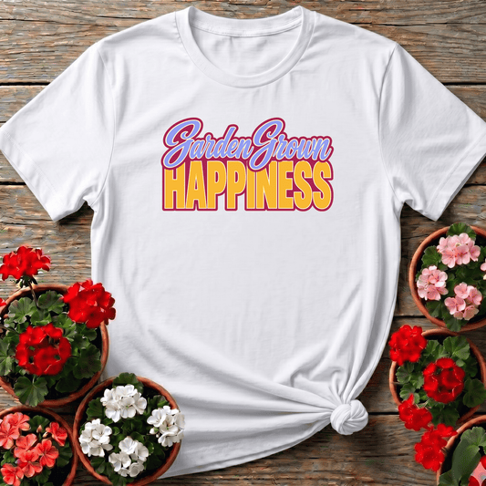 White sun-soaked vintage script gardening shirt with "Garden Grown Happiness" for cottagecore gardeners