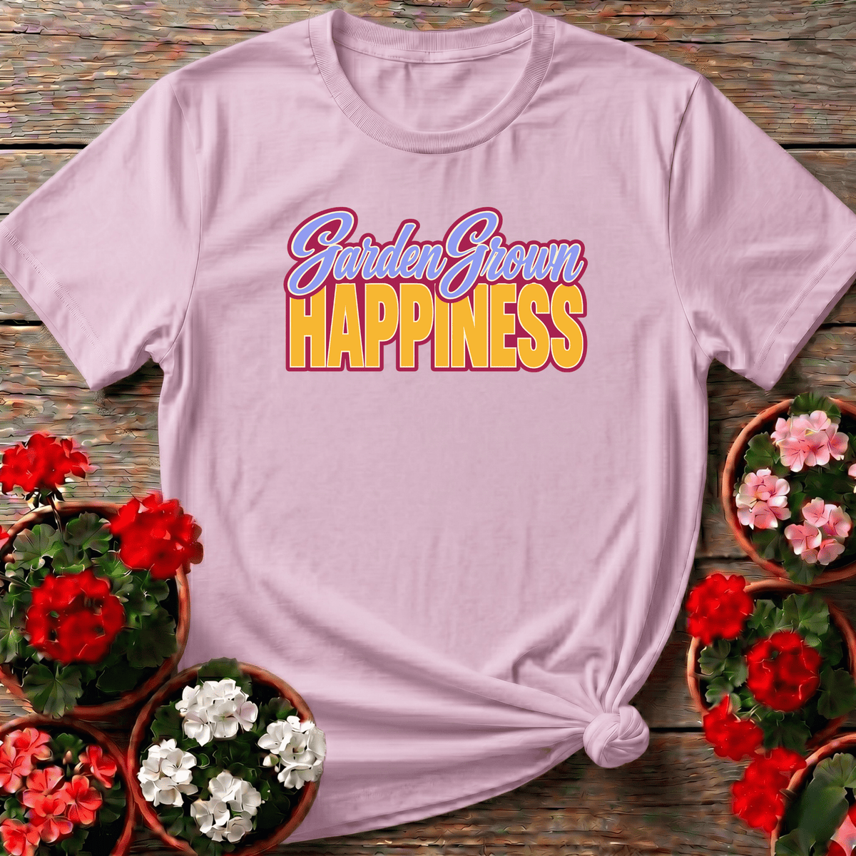 Light Pink cheerful retro typography gardening tee with "Garden Grown Happiness" for garden-loving gift recipients