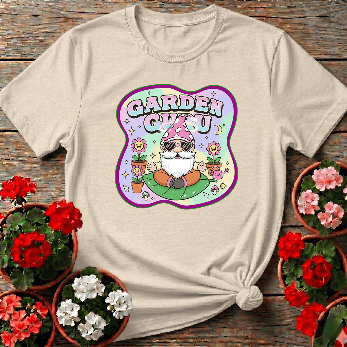 Natural cottagecore retro gnome t-shirt with meditating garden guru for plant lovers