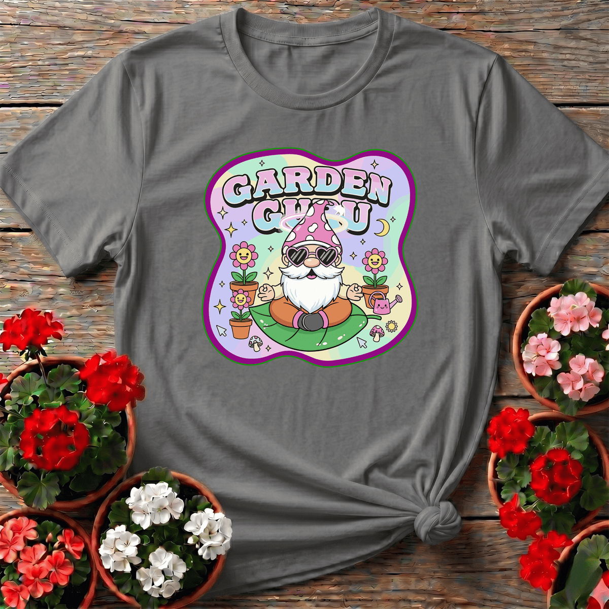 Sport Gray pastel cottagecore gnome tee with "Garden Guru" design for gardeners