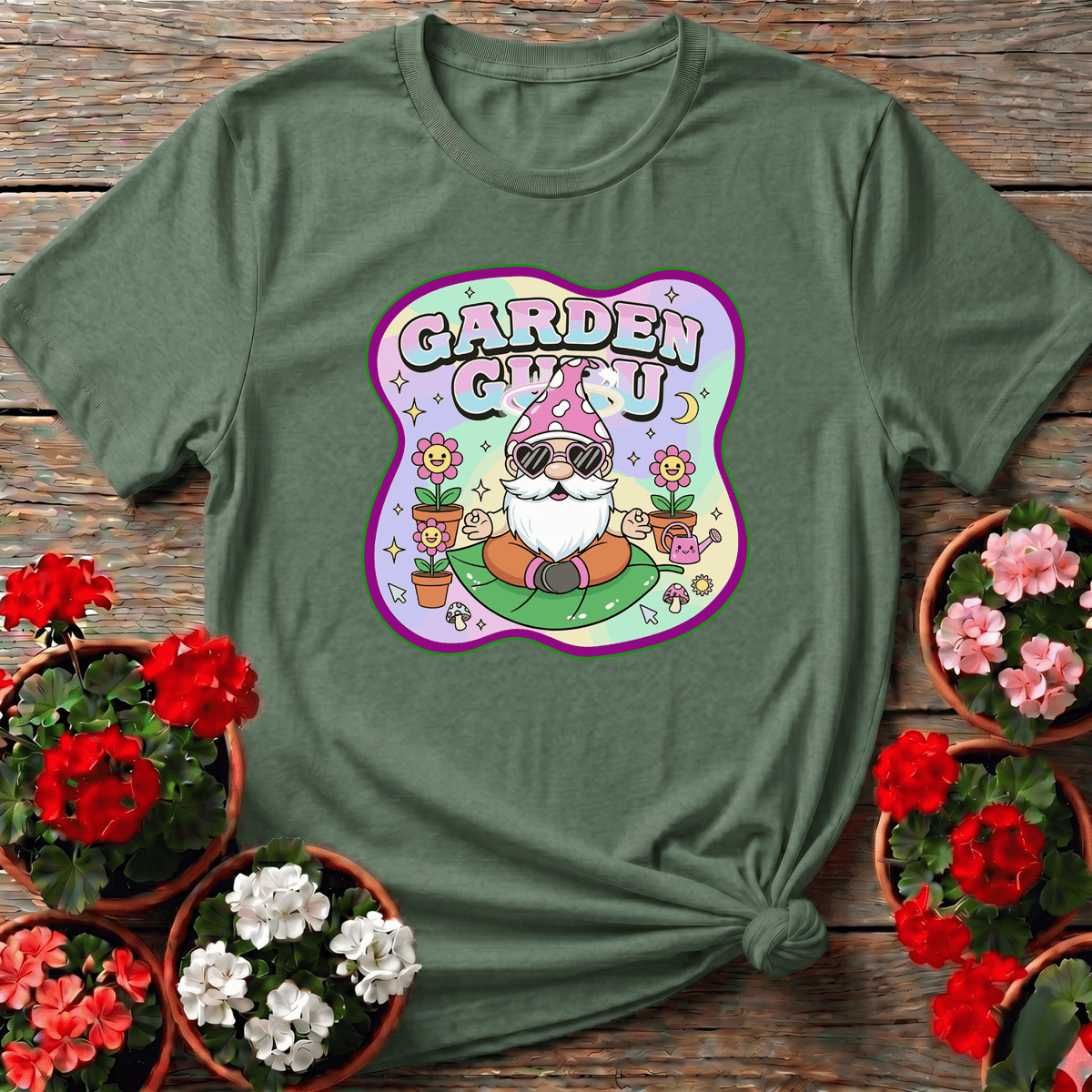 Military Green groovy kawaii gnome gardening tee with pastel rainbow guru badge