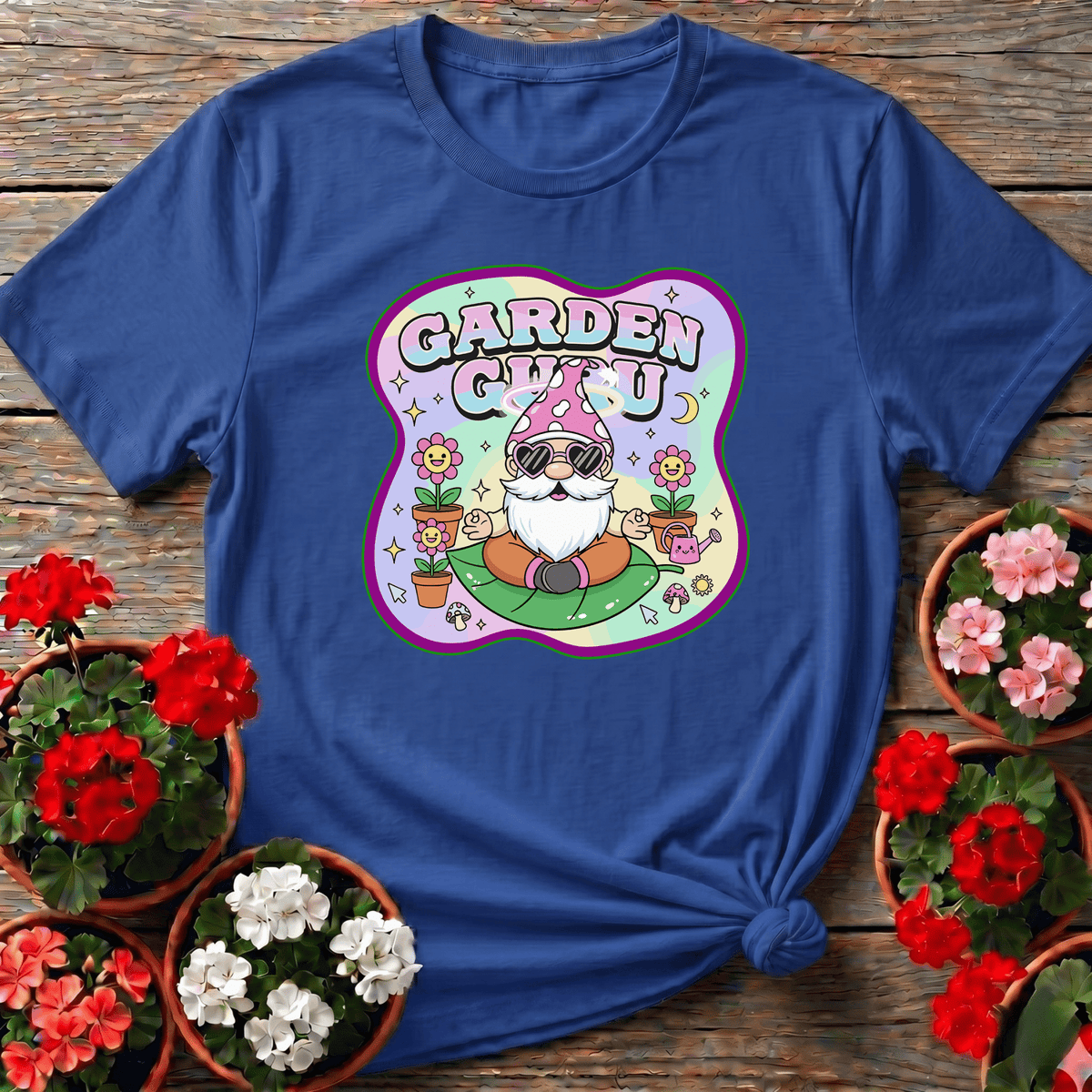 Royal groovy kawaii gnome gardening top with bold retro lettering for plant lovers