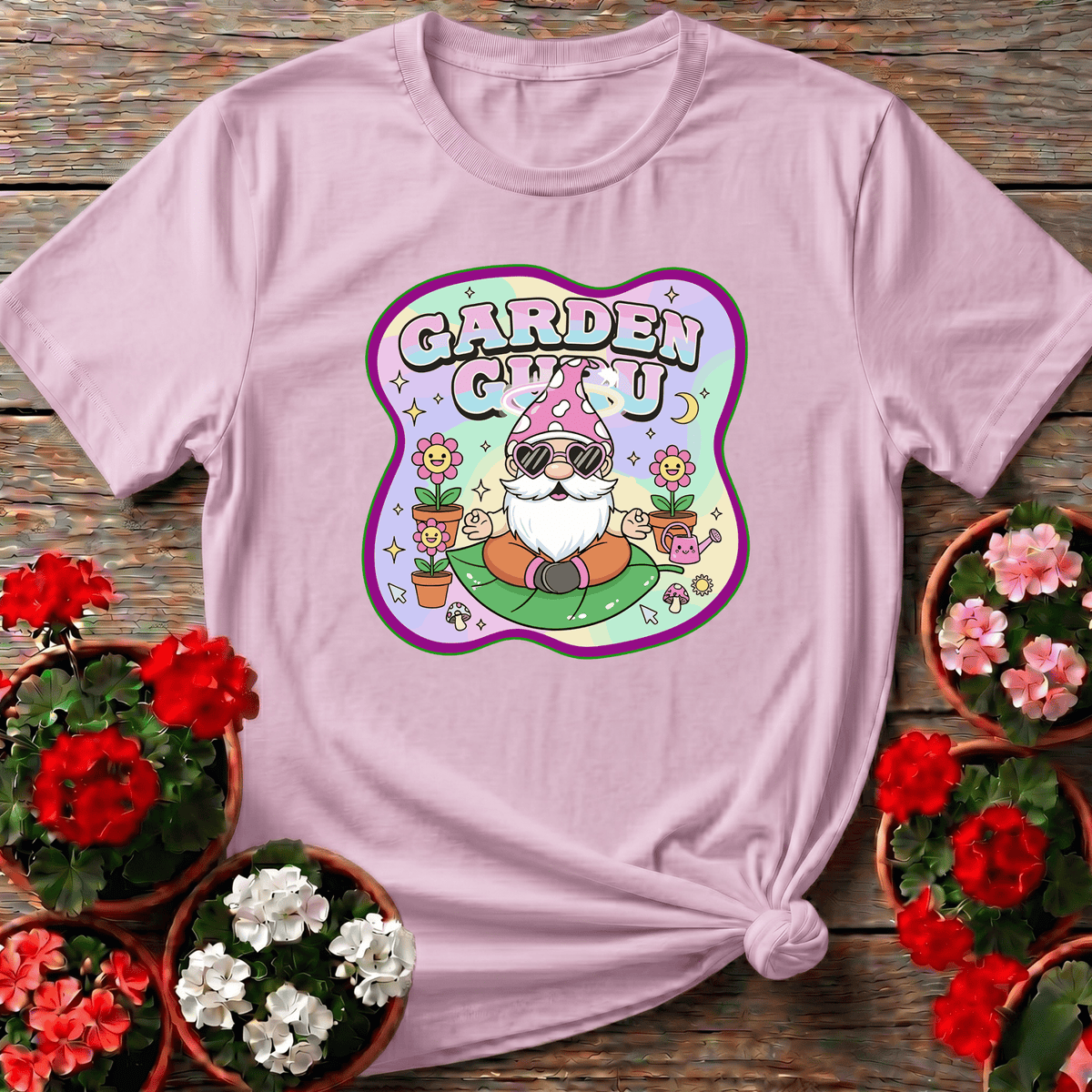 Light Pink kawaii whimsical gnome gardening top with pastel "Garden Guru" design