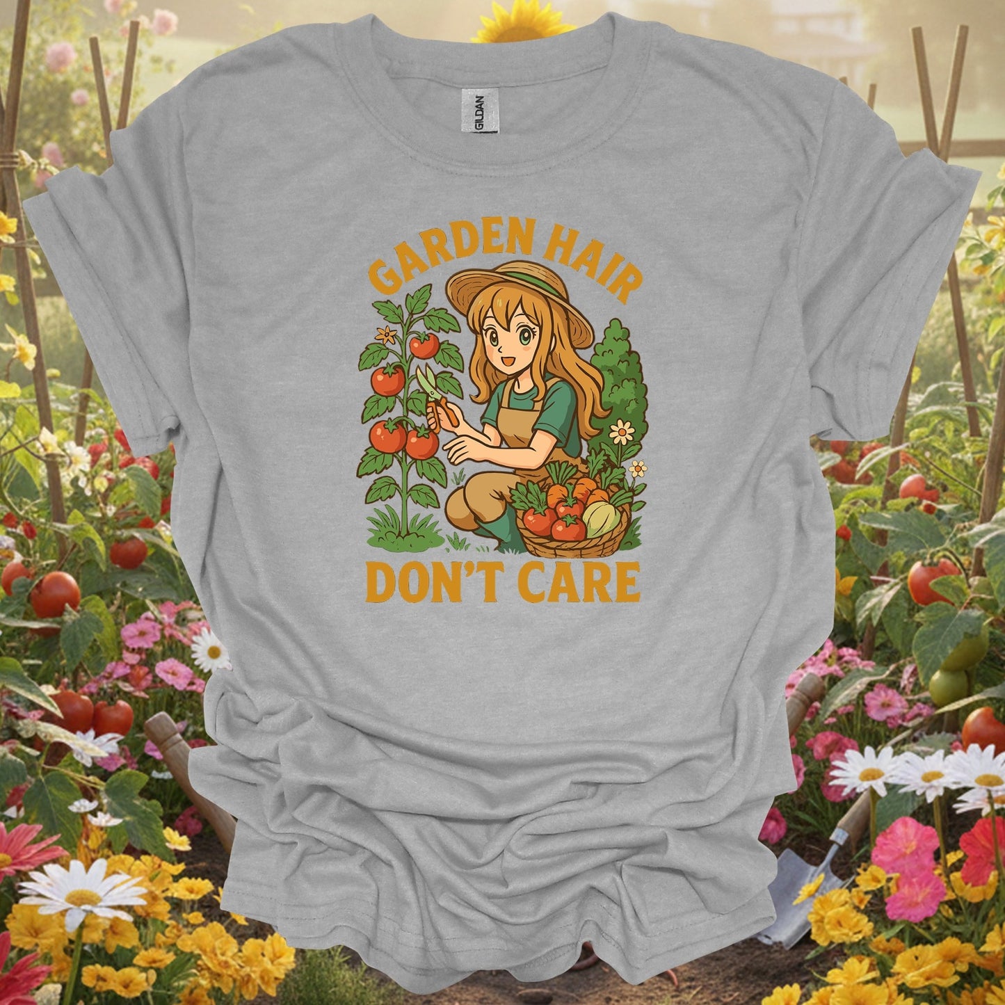 Sport Grey tee showing garden hair don't care vintage casual for garden hobbyists