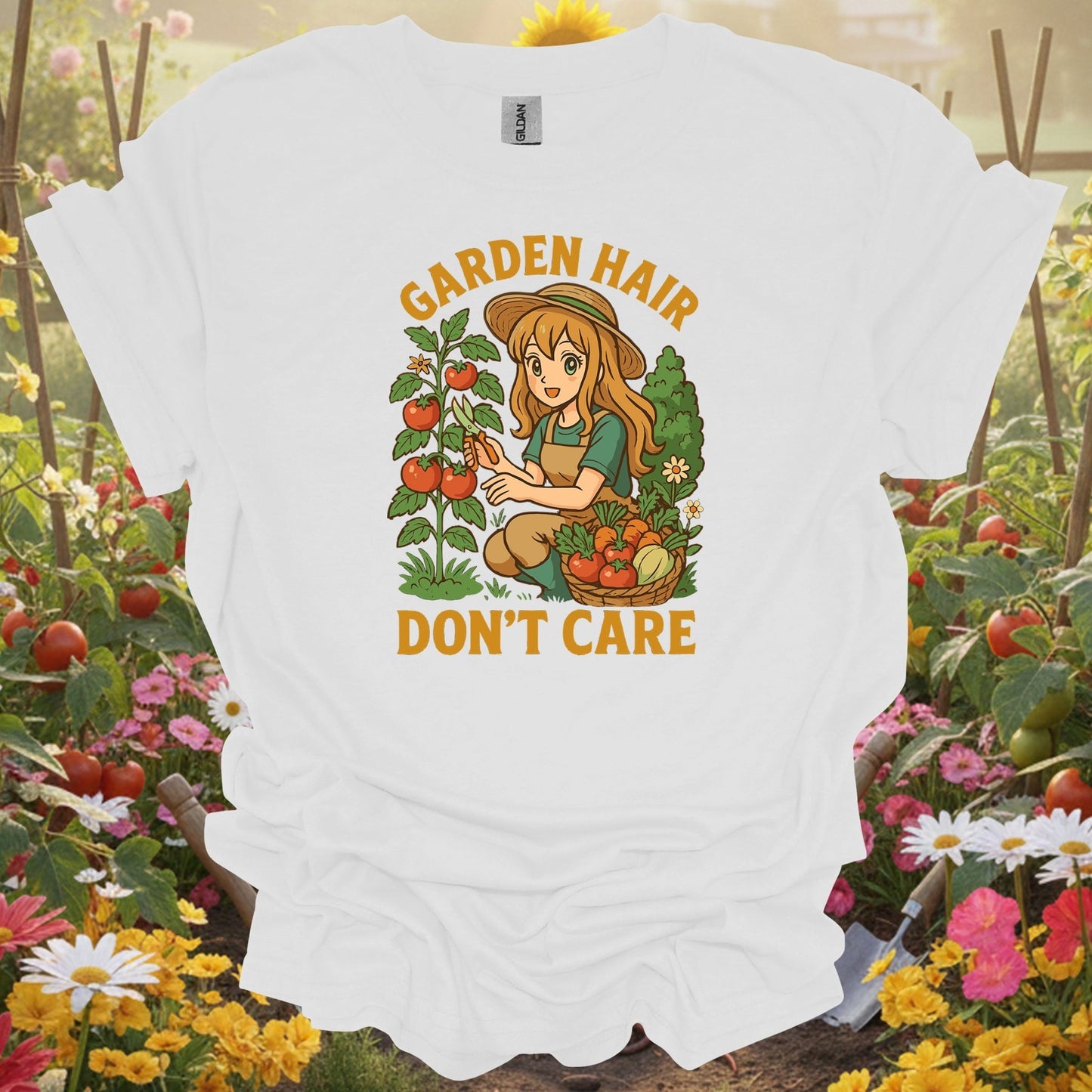 White shirt showing garden hair don't care vintage casual for outdoor enthusiasts