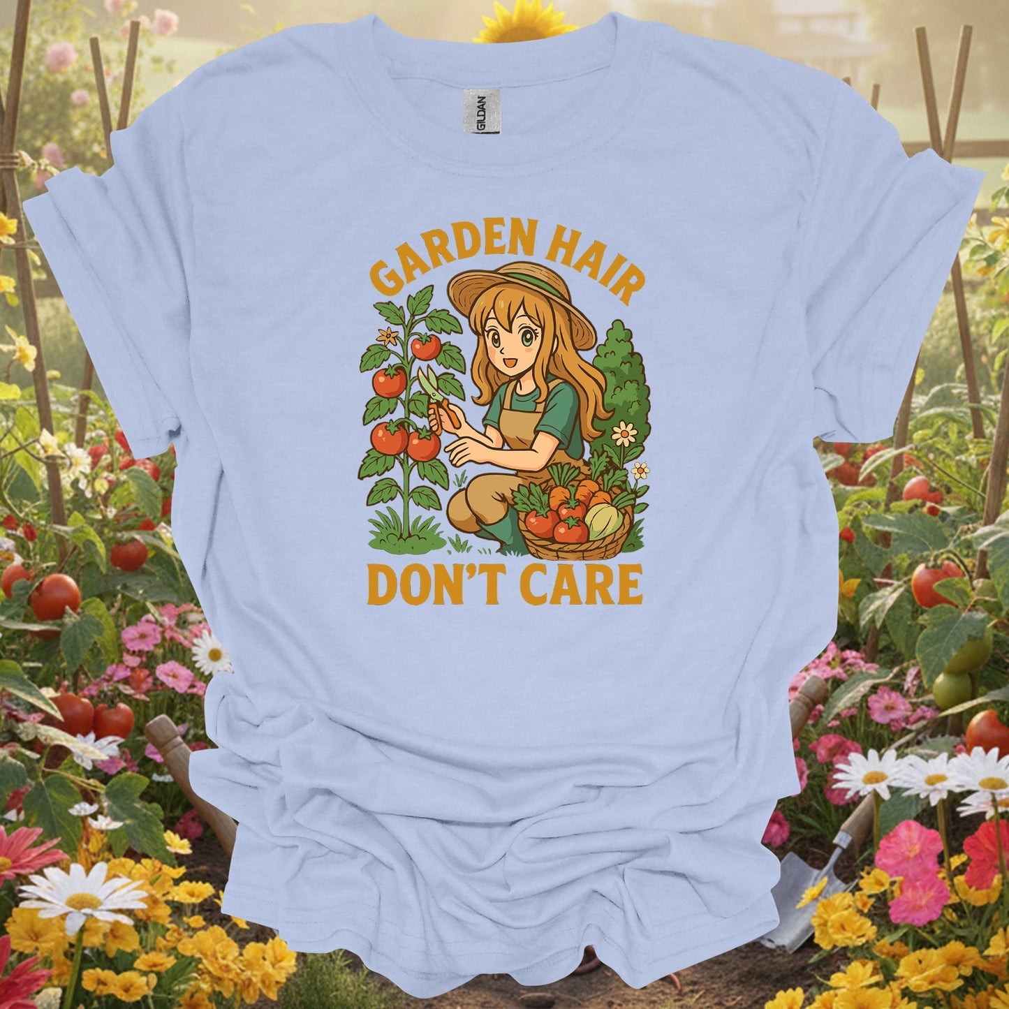 Light Blue shirt showing garden hair don't care vintage casual for home gardeners