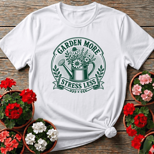 Garden More Stress Less Floral Watering Can Gardening Tee - GardeningTshirts