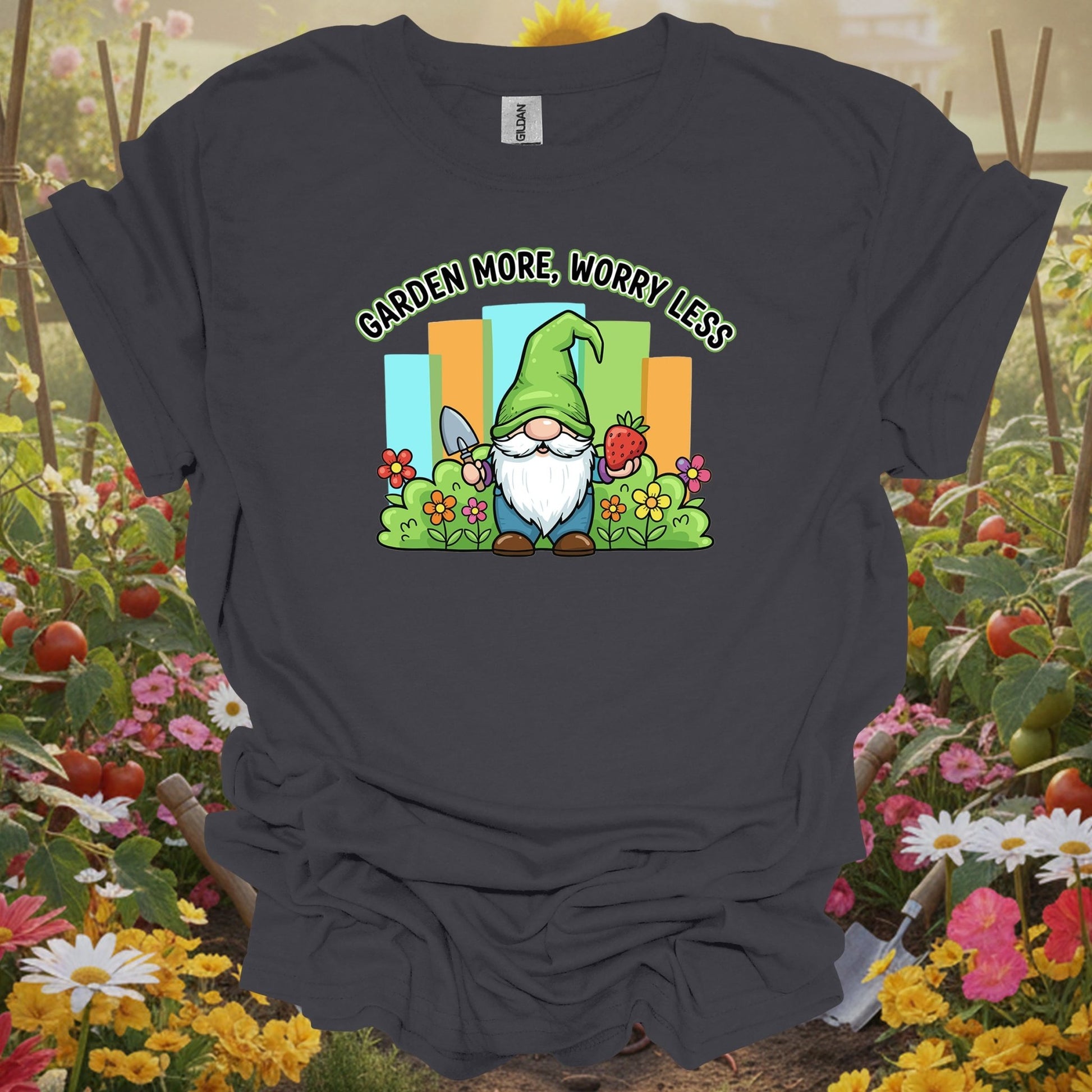 Charcoal tee showing garden more worry less cute gnome strawberry for cute design lovers