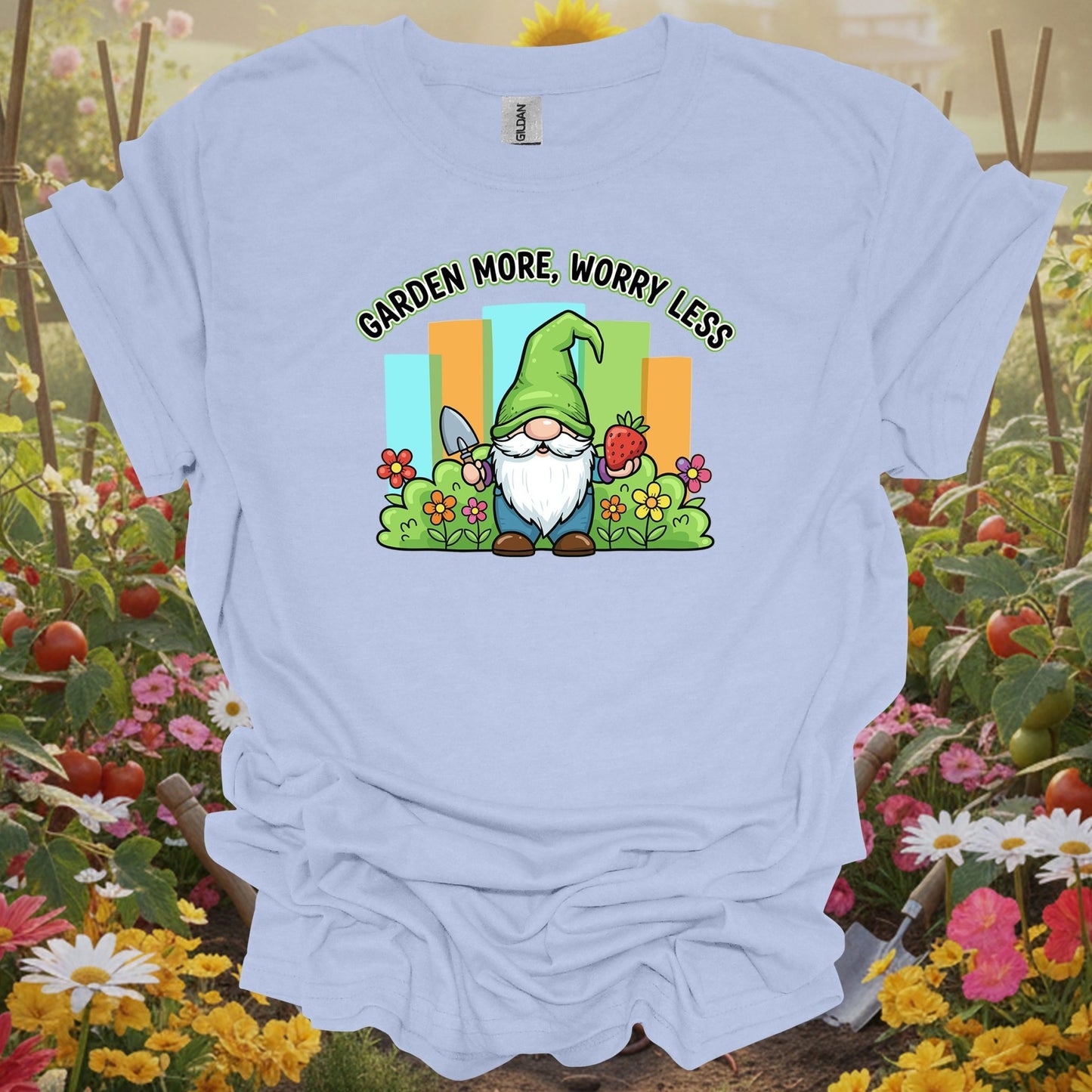 Light Blue shirt showing garden more worry less cute gnome strawberry for adorable aesthetic enthusiasts