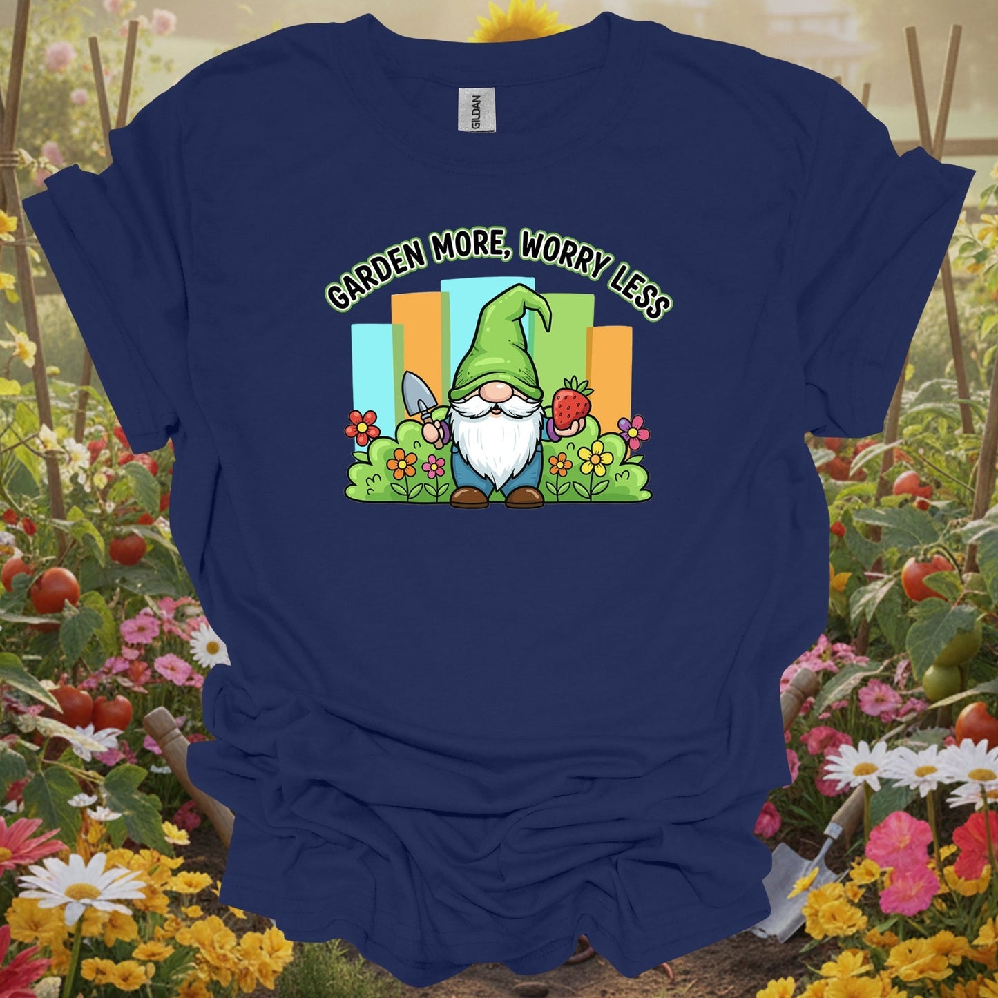 Navy top showing garden more worry less cute gnome strawberry for sweet-natured gardeners