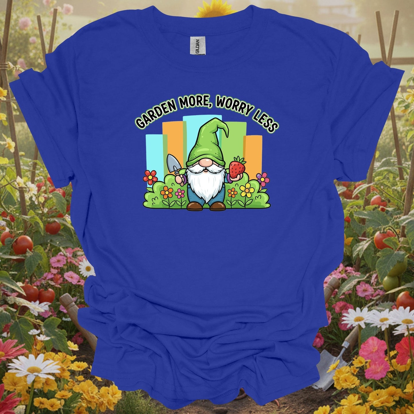 Royal tshirt showing garden more worry less cute gnome strawberry for people who love cuteness
