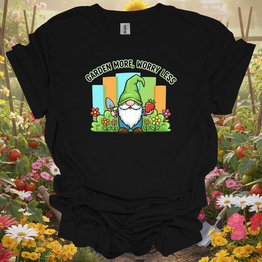 Black tshirt showing garden more worry less cute gnome strawberry for kawaii fans