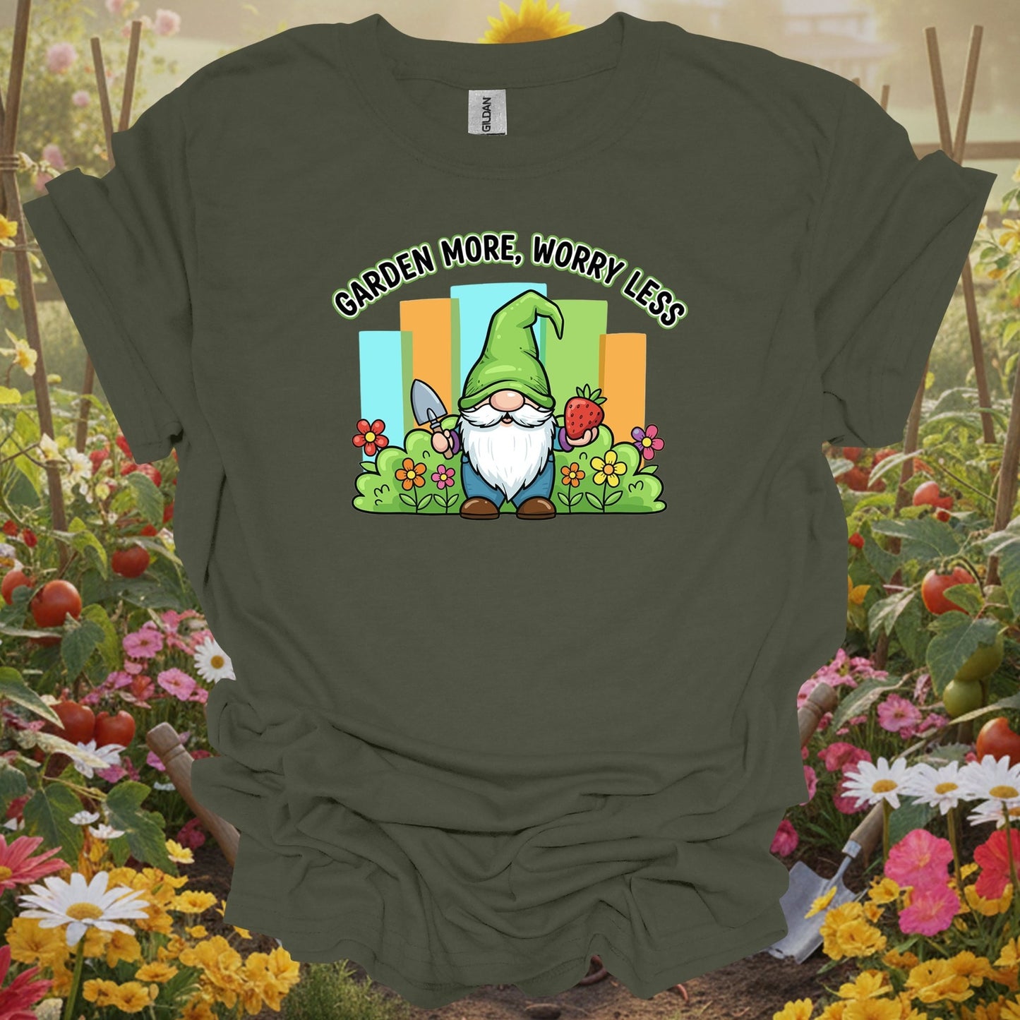 Military Green top showing garden more worry less cute gnome strawberry for folks who appreciate kawaii art