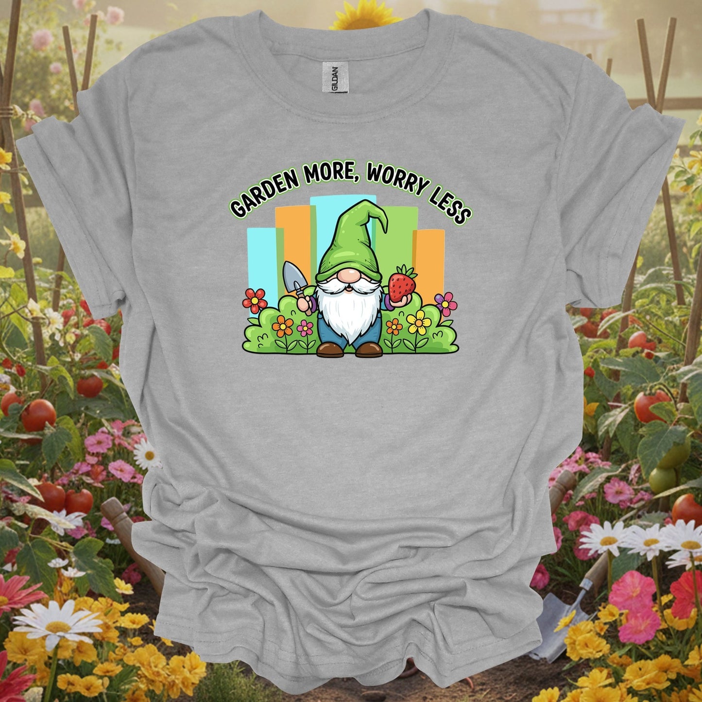 sport gray tee showing garden more worry less cute gnome strawberry for wholesome plant parents