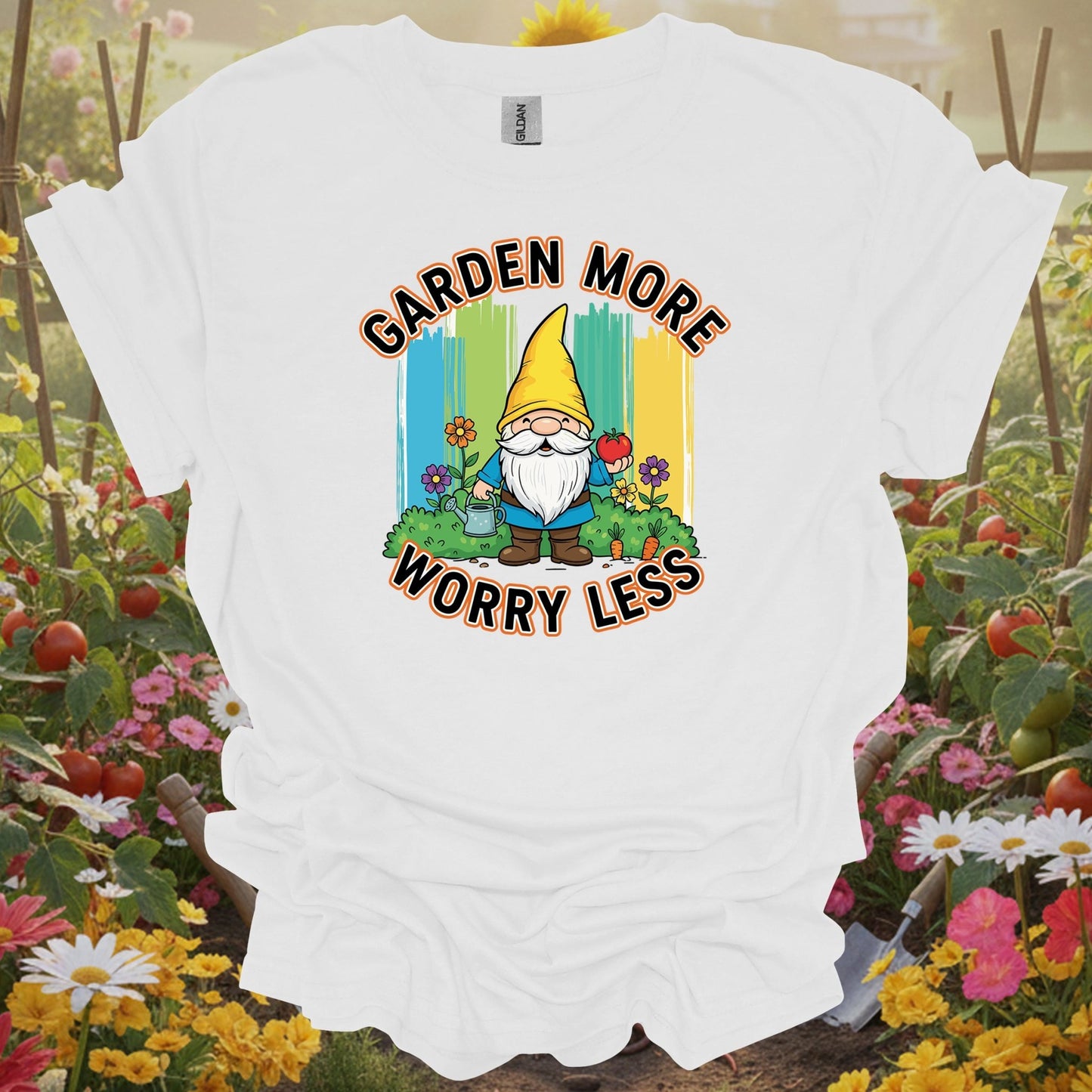 White shirt showing garden more worry less cute gnome veggie for outdoor enthusiasts