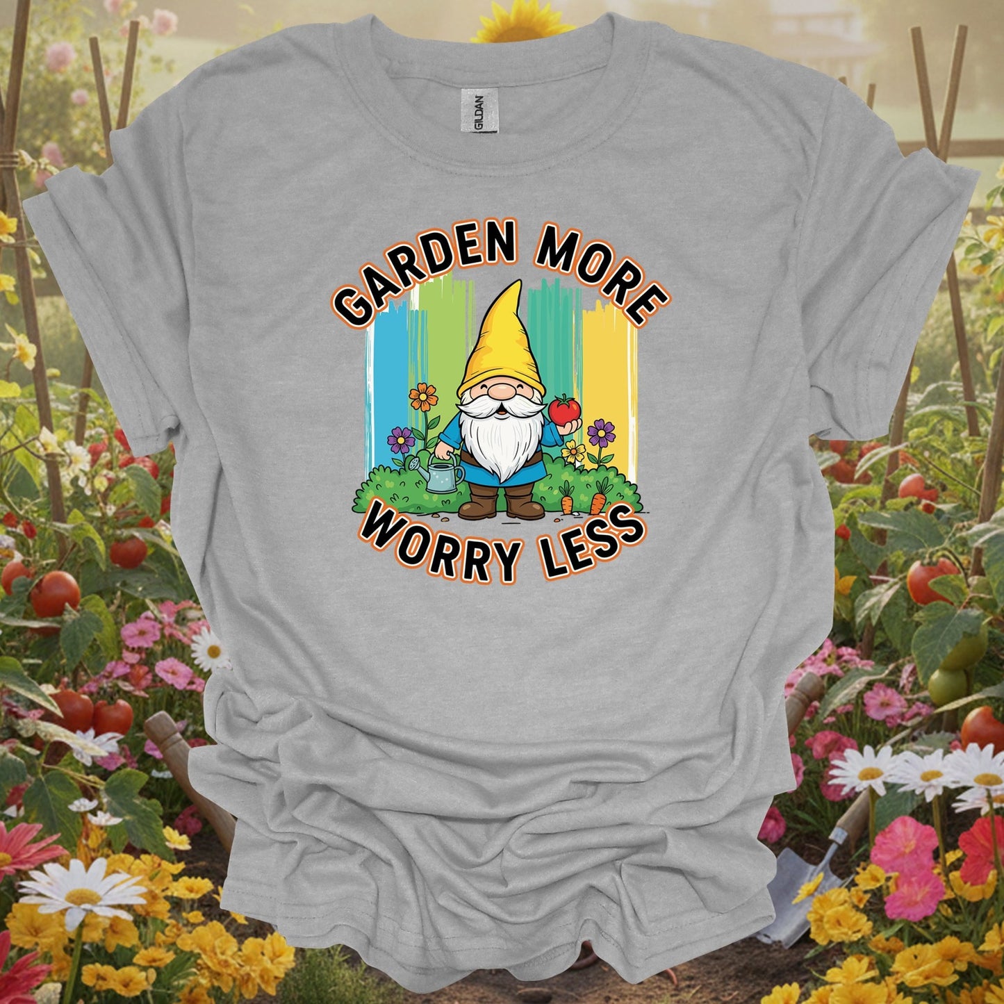 Sport Grey tshirt showing garden more worry less cute gnome veggie for gardening enthusiasts