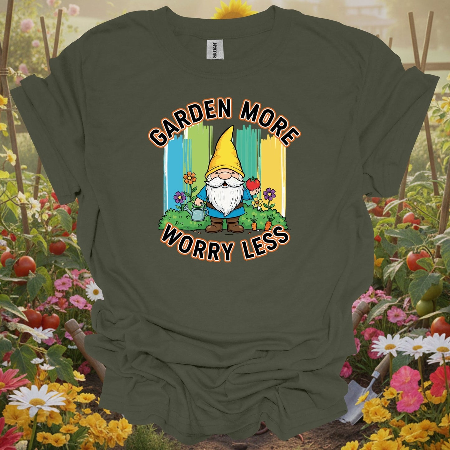 military green tee showing garden more worry less cute gnome veggie for plant lovers