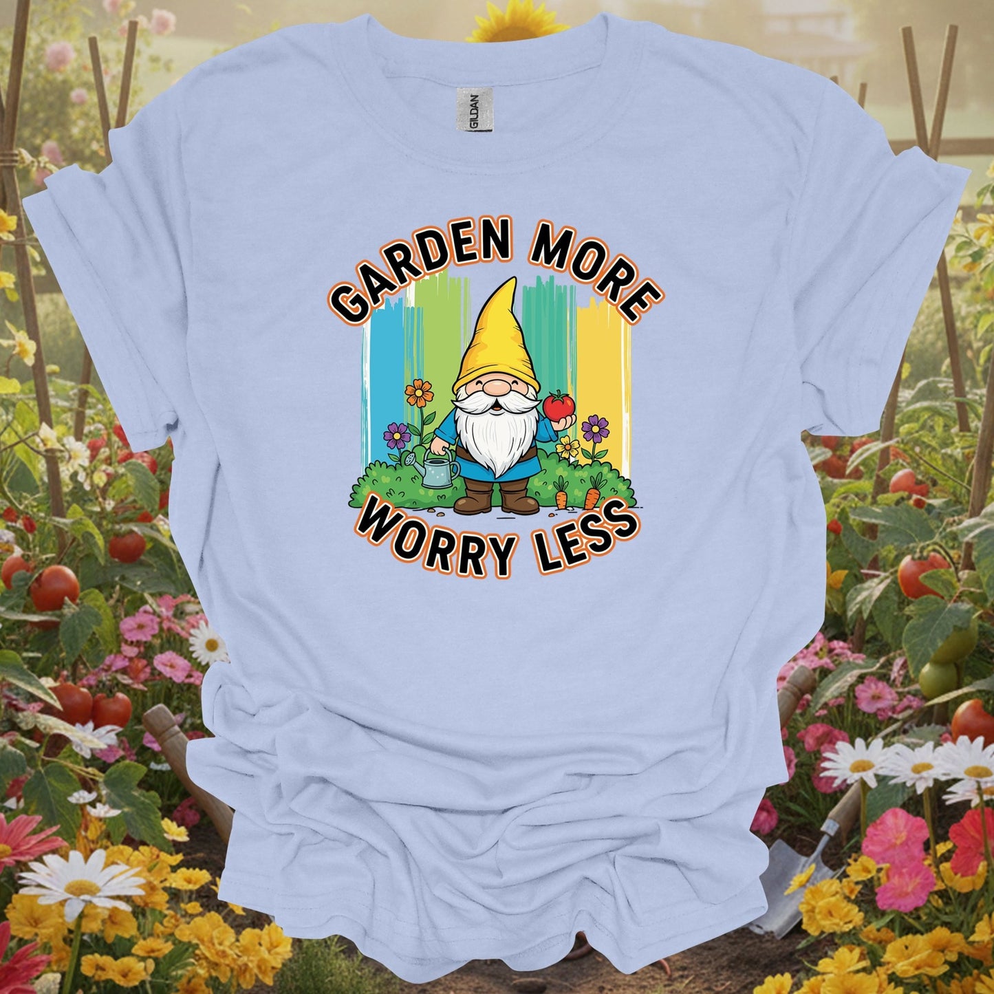 Light blue top showing garden more worry less cute gnome veggie for green thumb folks