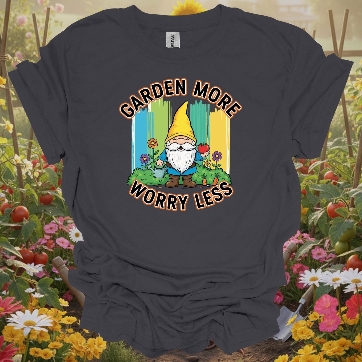 charcoal shirt showing garden more worry less cute gnome veggie for home gardeners