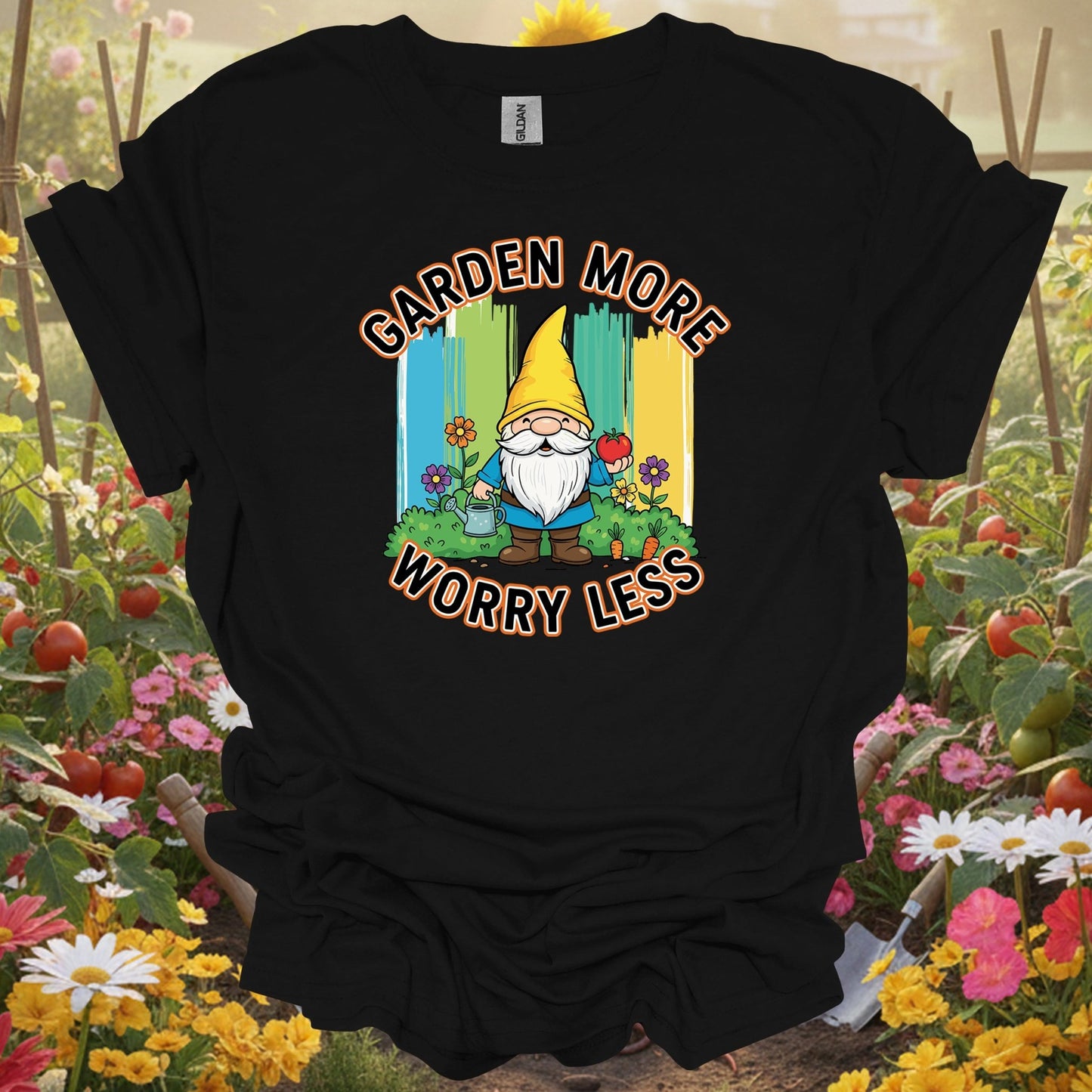 Black top showing garden more worry less cute gnome veggie for nature lovers