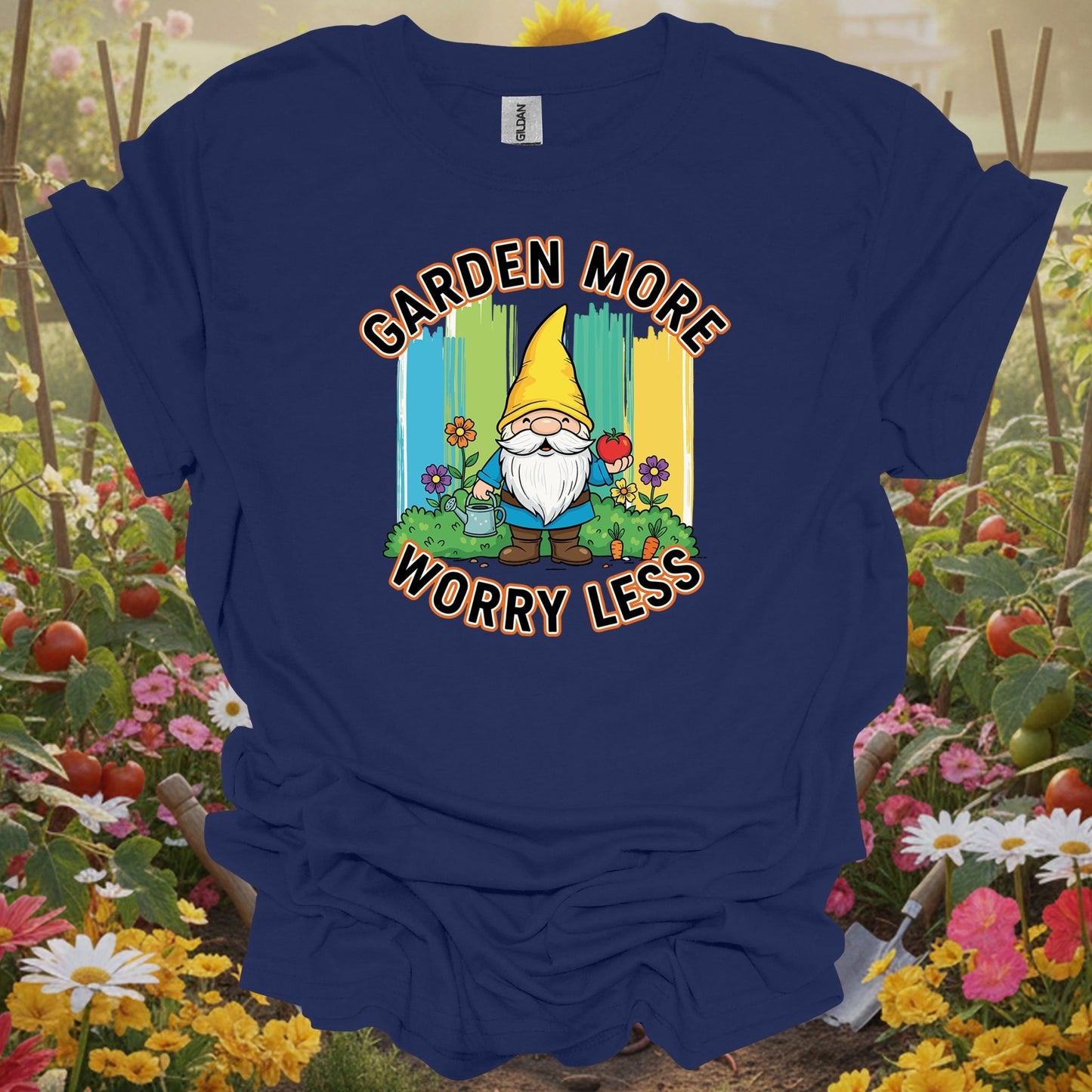 Navy tshirt showing garden more worry less cute gnome veggie for backyard growers