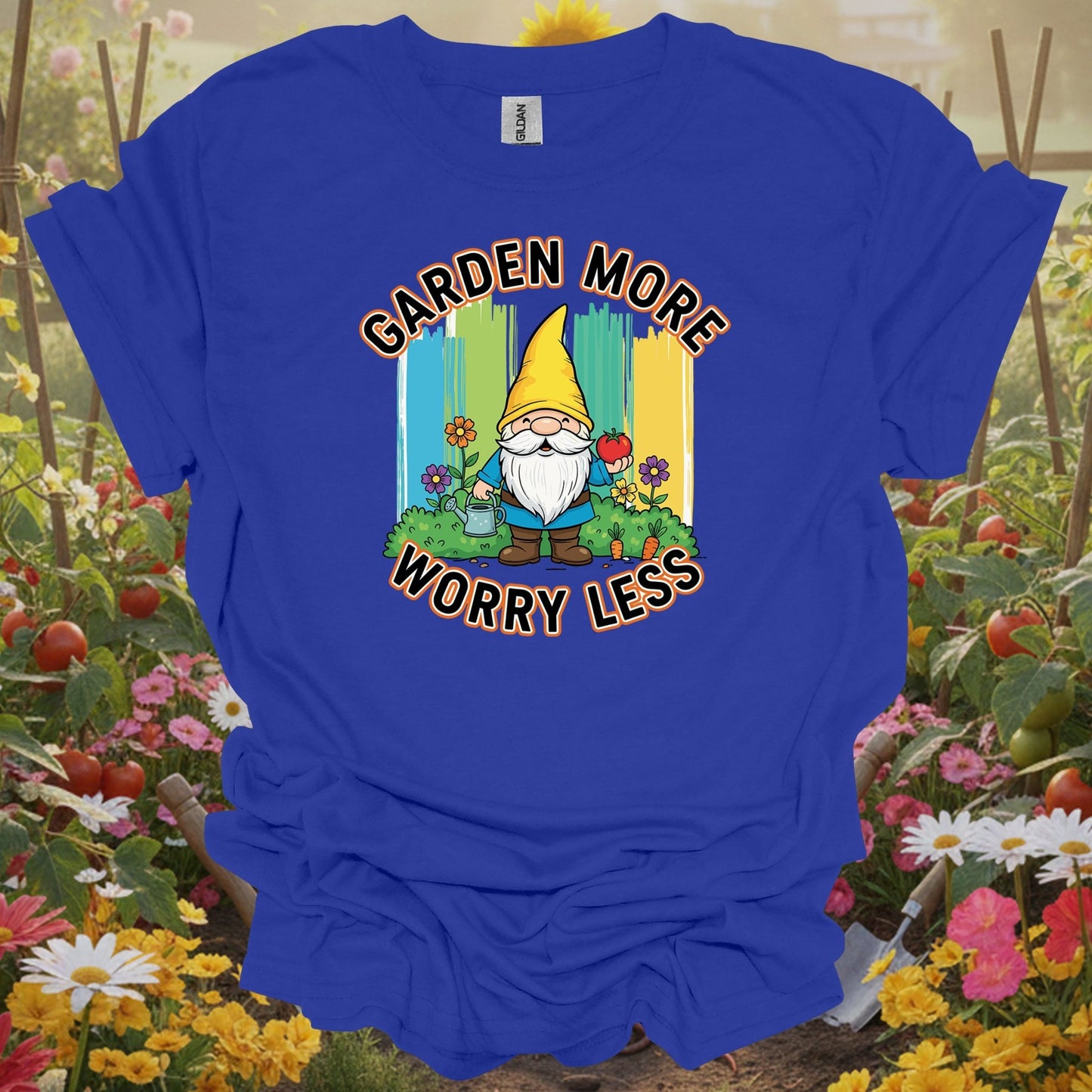 Royal tee showing garden more worry less cute gnome veggie for garden hobbyists