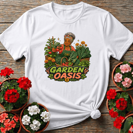 White vibrant harvest illustration gardening shirt "Garden Oasis" for the dedicated vegetable gardener