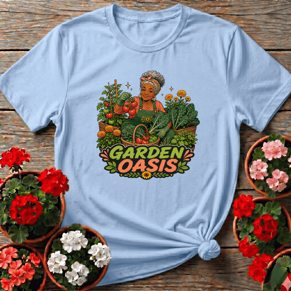 Light Blue sun-drenched harvest graphic gardening top "Garden Oasis" for the marigold and kale grower