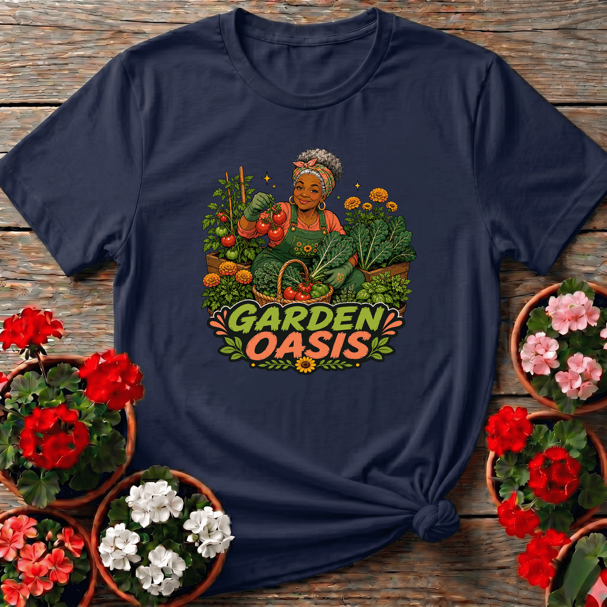 Navy bold retro raised bed gardening tee "Garden Oasis" for women who take their tomatoes seriously