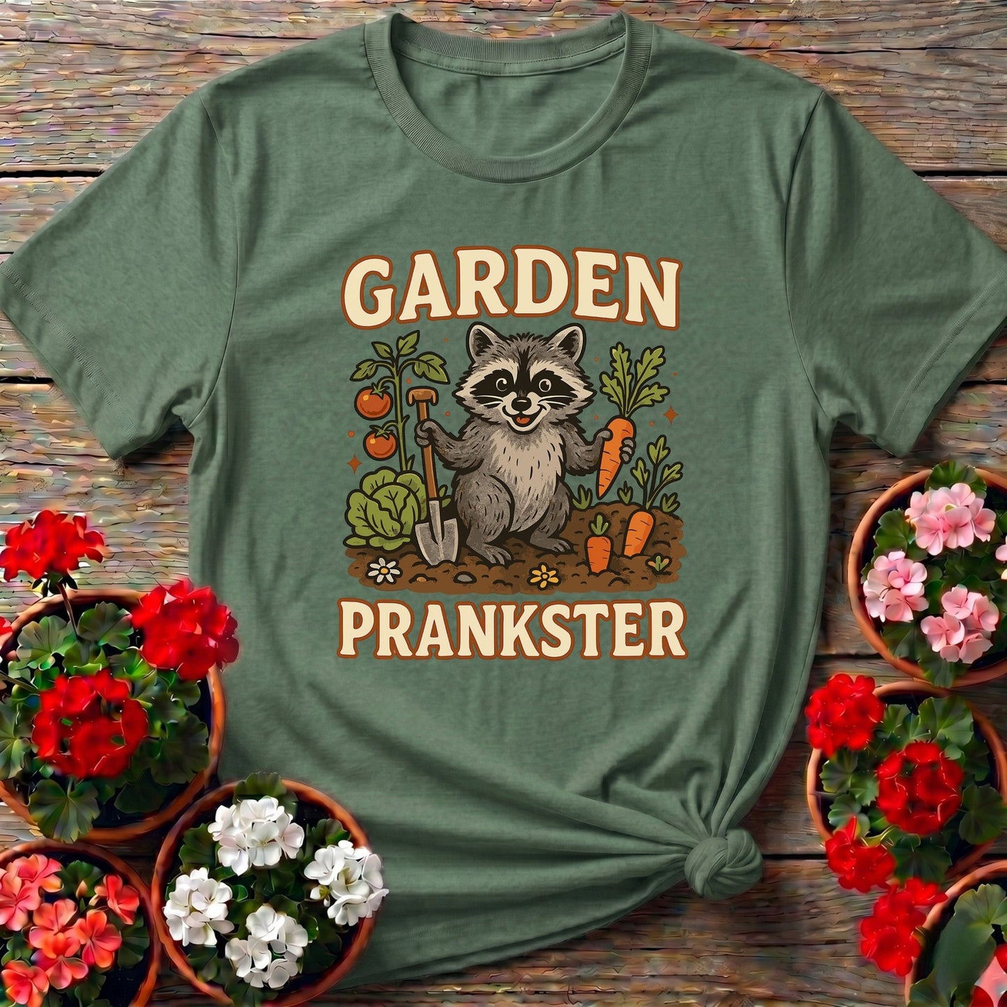 Garden Prankster Raccoon Garden T shirt - GardeningTshirts