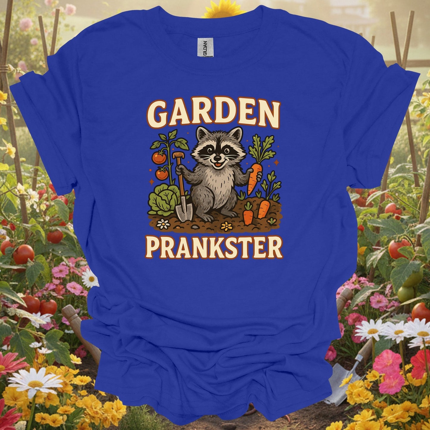 Royal top showing garden prankster raccoon garden t shirt for green thumb folks