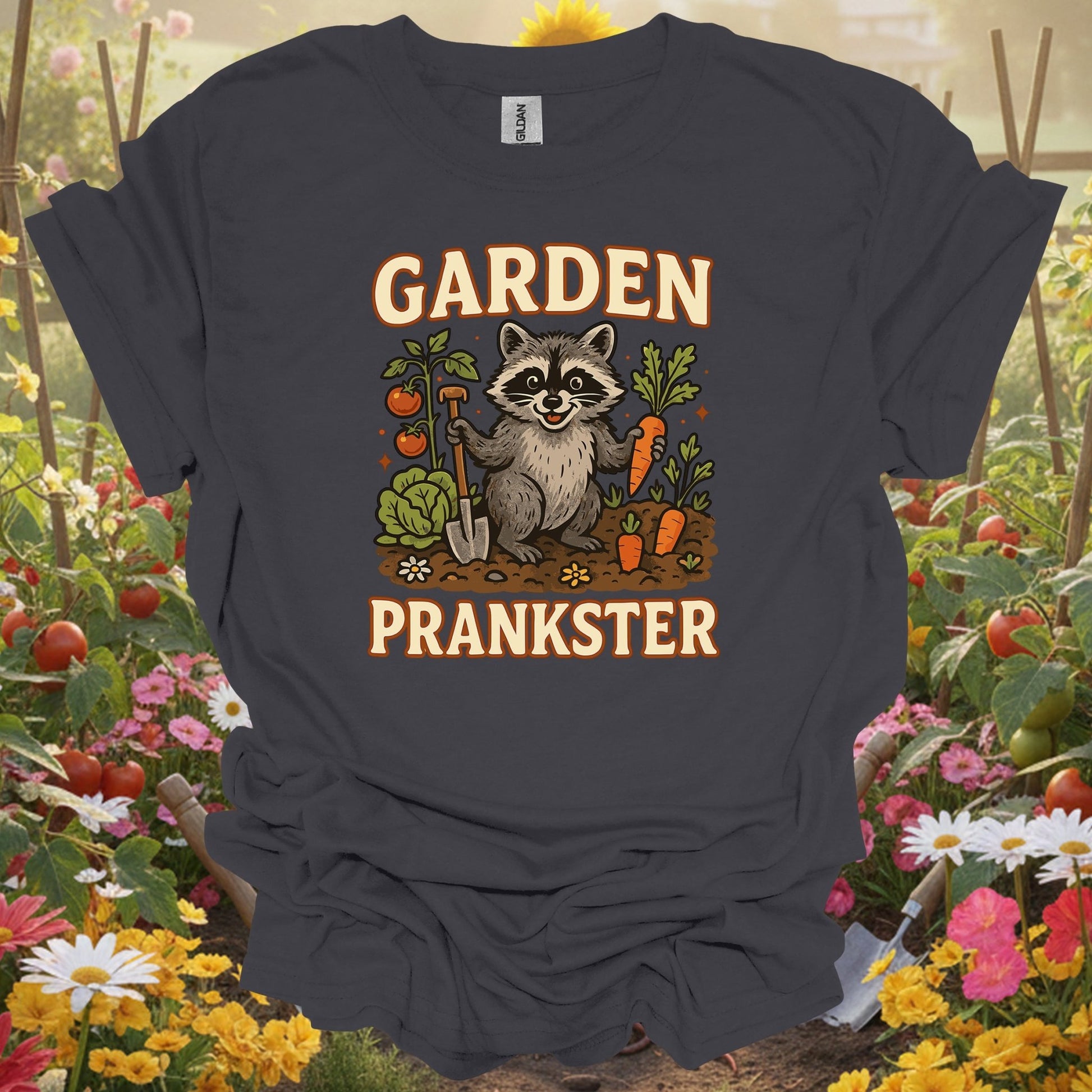 Charcoal tshirt showing garden prankster raccoon garden t shirt for gardening enthusiasts