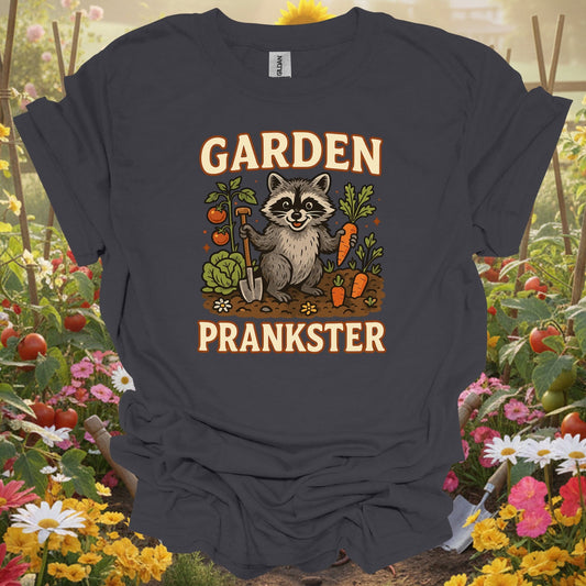 Charcoal tshirt showing garden prankster raccoon garden t shirt for gardening enthusiasts