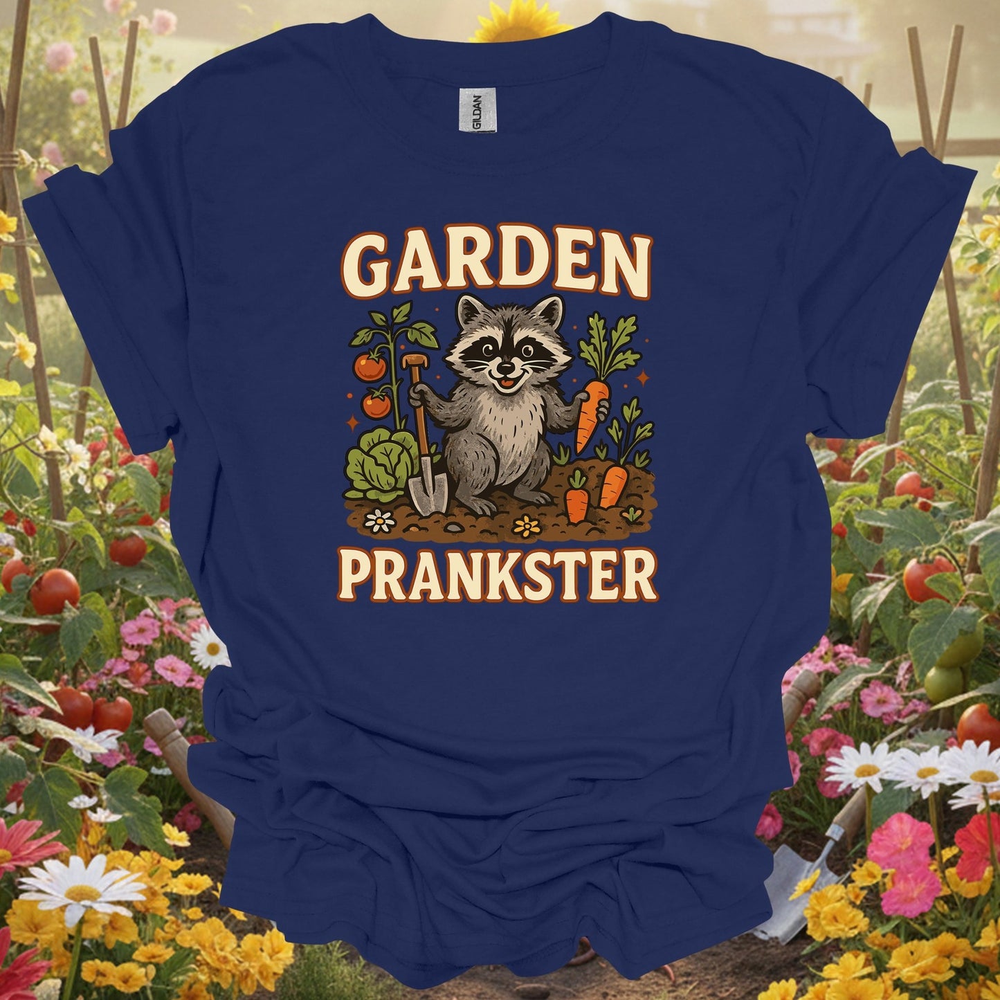 Navy shirt showing garden prankster raccoon garden t shirt for home gardeners