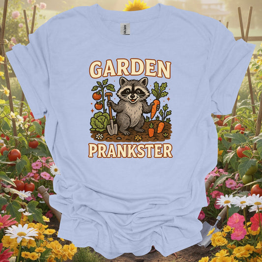 Light Blue tee showing garden prankster raccoon garden t shirt for plant lovers
