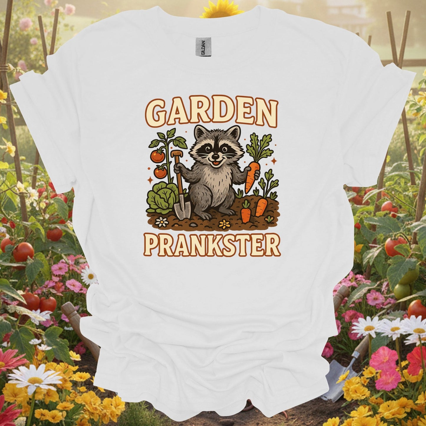 White tee showing garden prankster raccoon garden t shirt for garden hobbyists