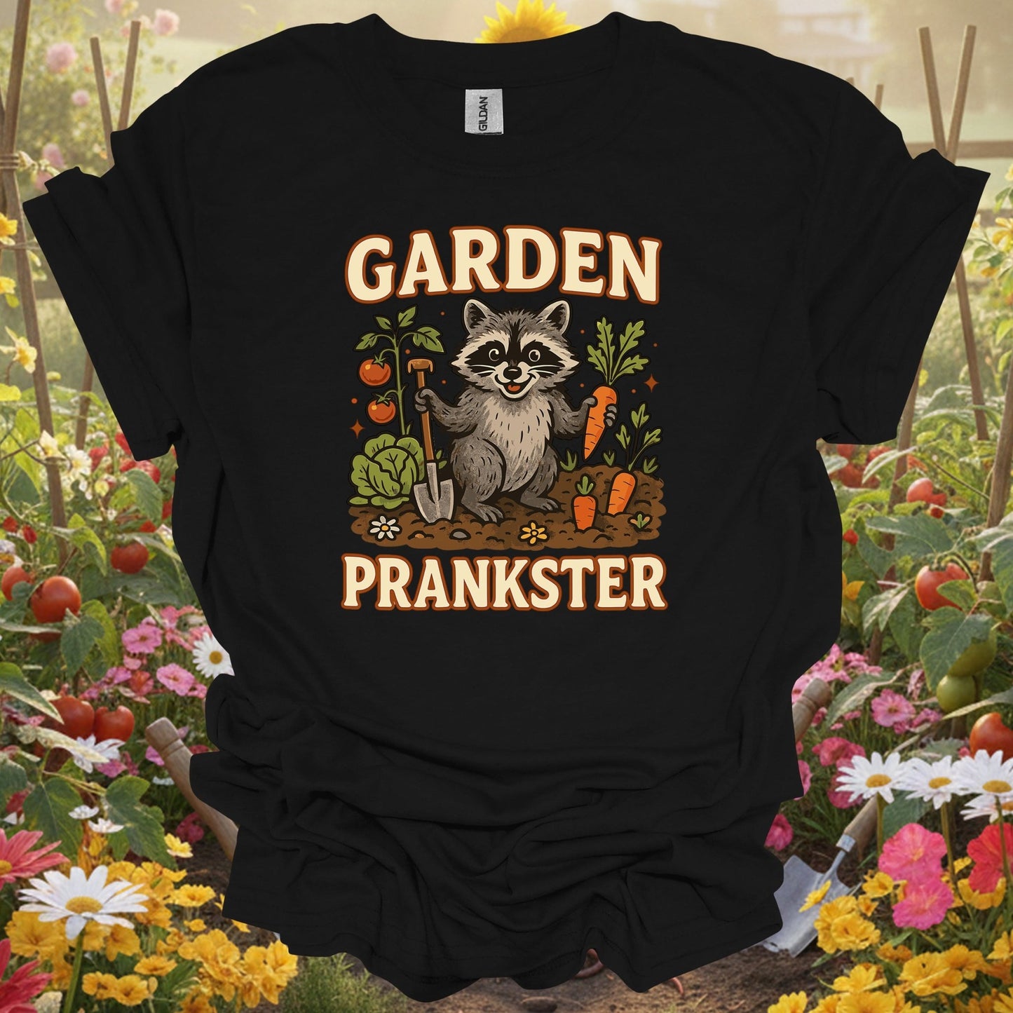 Black shirt showing garden prankster raccoon garden t shirt for outdoor enthusiasts