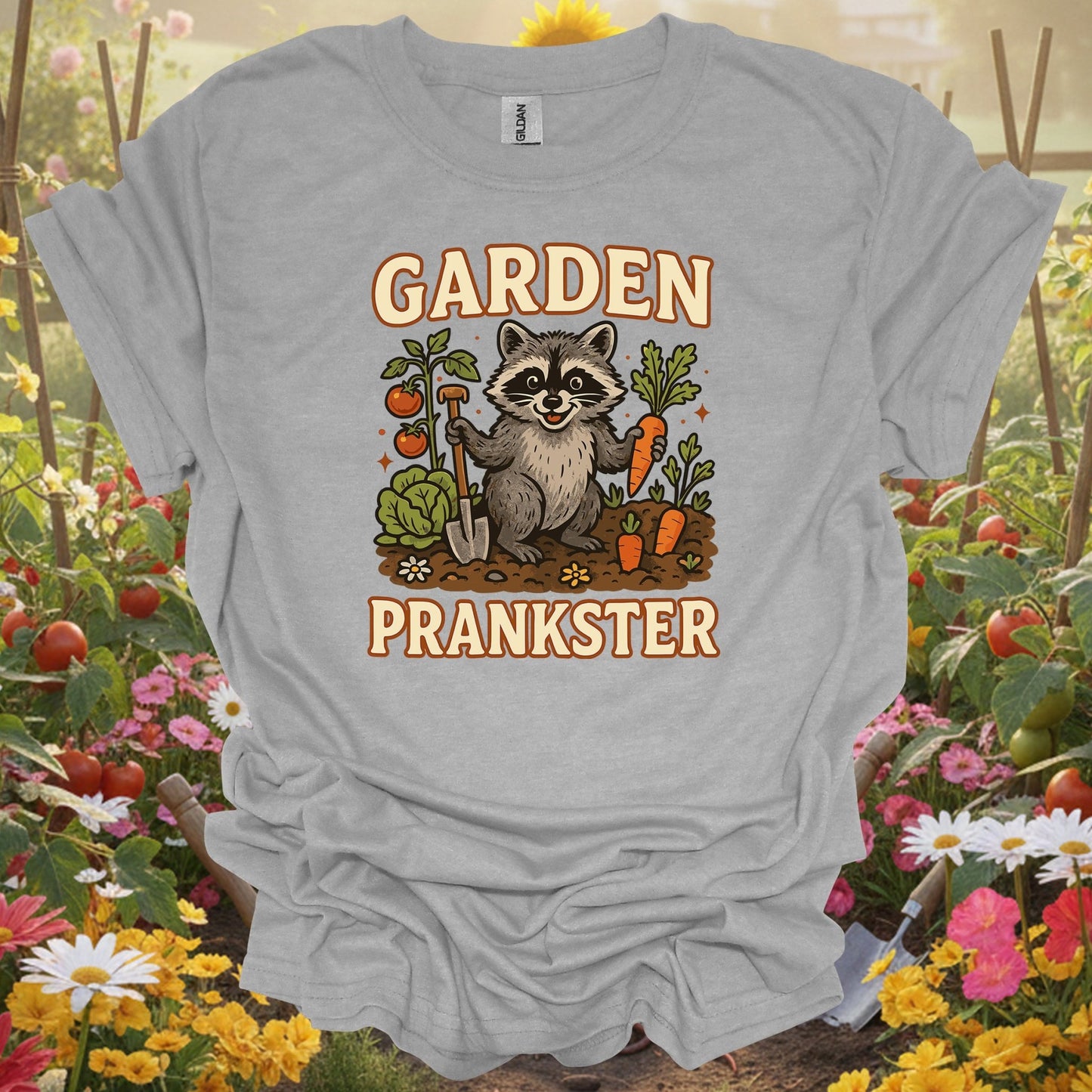 Sport Grey tshirt showing garden prankster raccoon garden t shirt for backyard growers