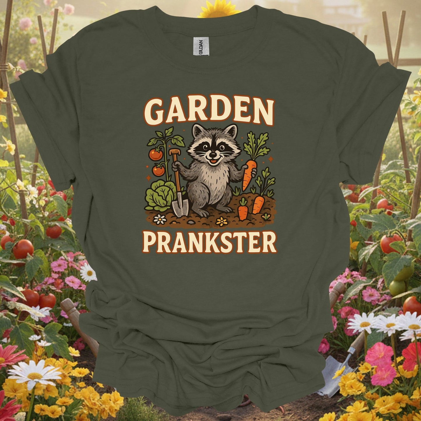 Military Green top showing garden prankster raccoon garden t shirt for nature lovers