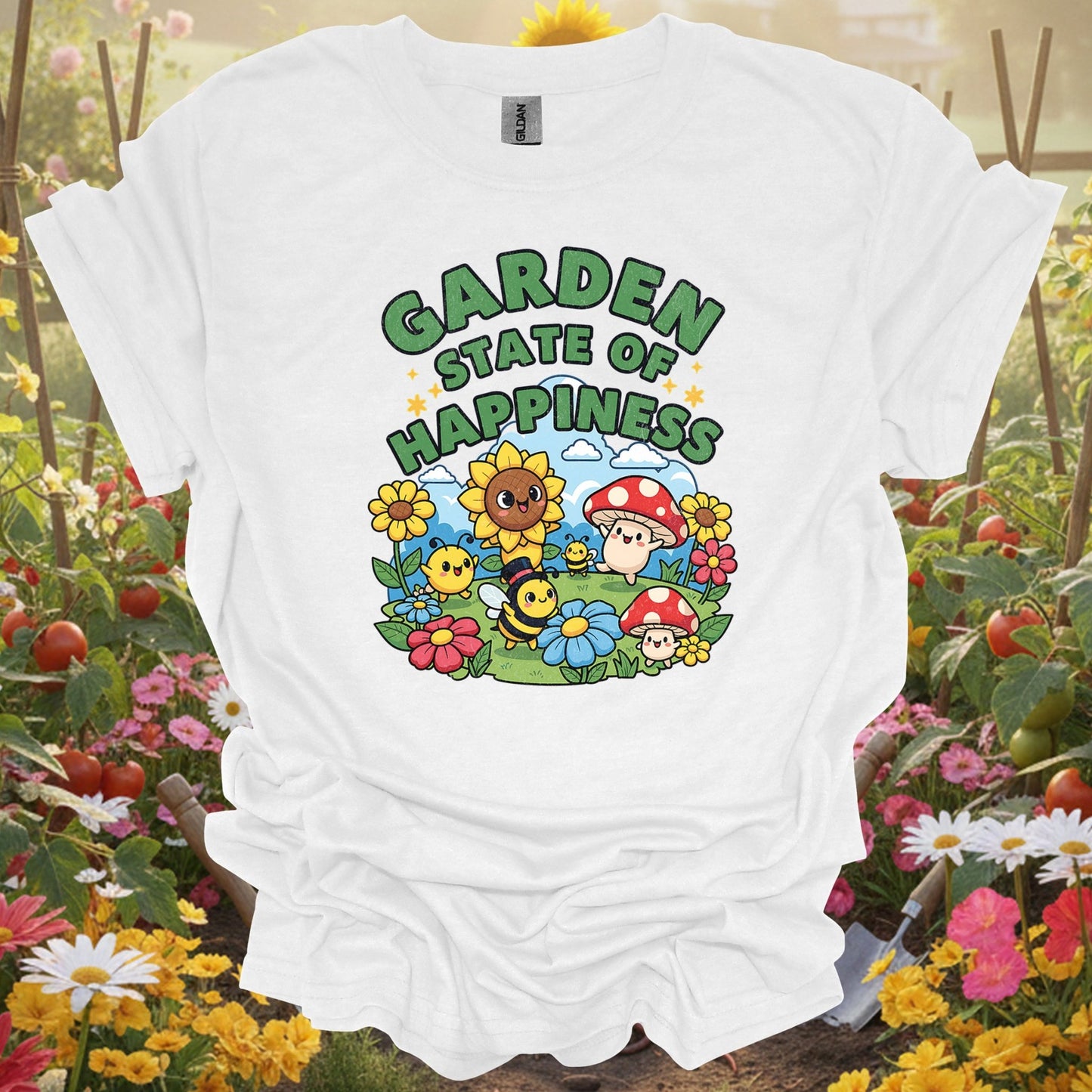 "Garden State of Happiness" Whimsical Mushroom T-Shirt - GardeningTshirts