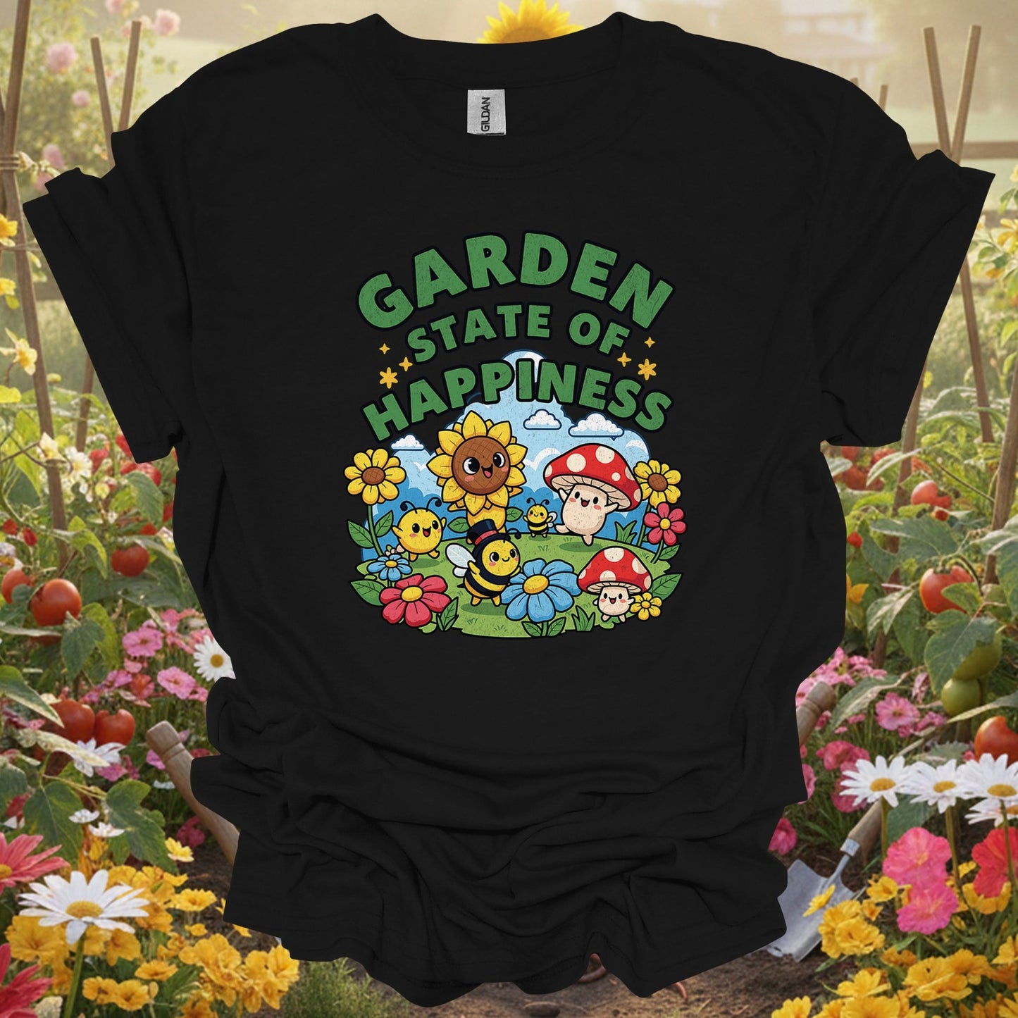 "Garden State of Happiness" Whimsical Mushroom T-Shirt - GardeningTshirts