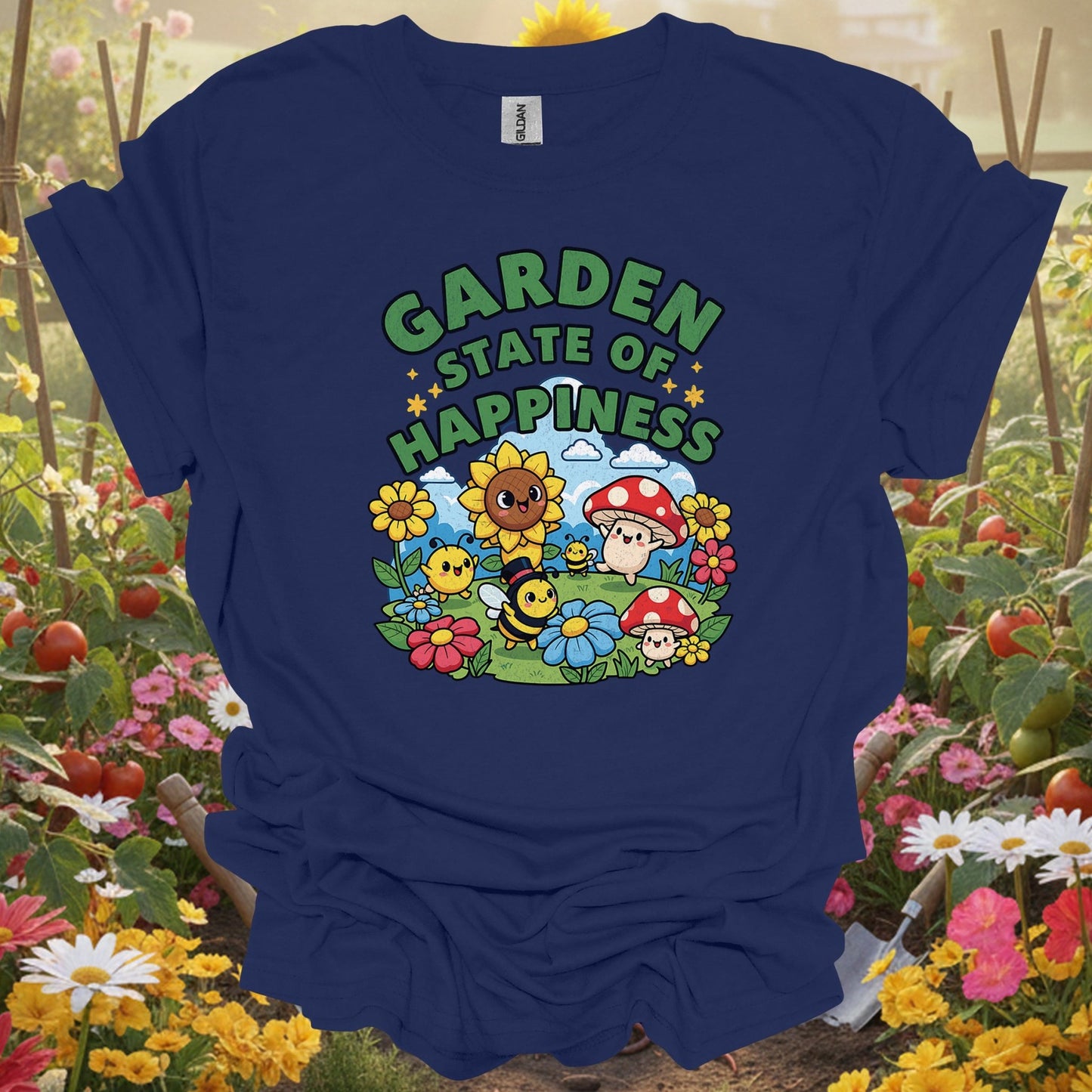 "Garden State of Happiness" Whimsical Mushroom T-Shirt - GardeningTshirts