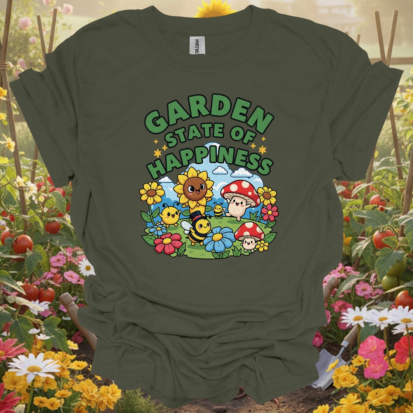 "Garden State of Happiness" Whimsical Mushroom T-Shirt - GardeningTshirts