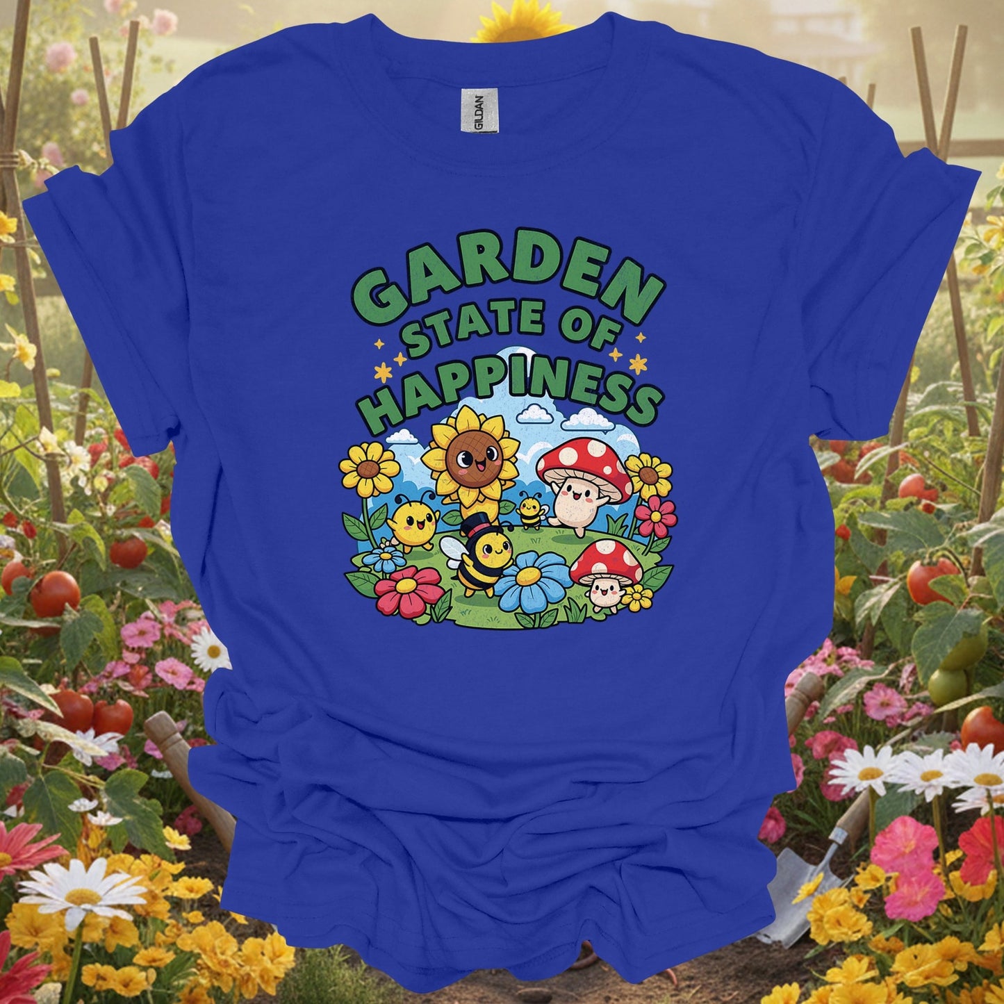 "Garden State of Happiness" Whimsical Mushroom T-Shirt - GardeningTshirts