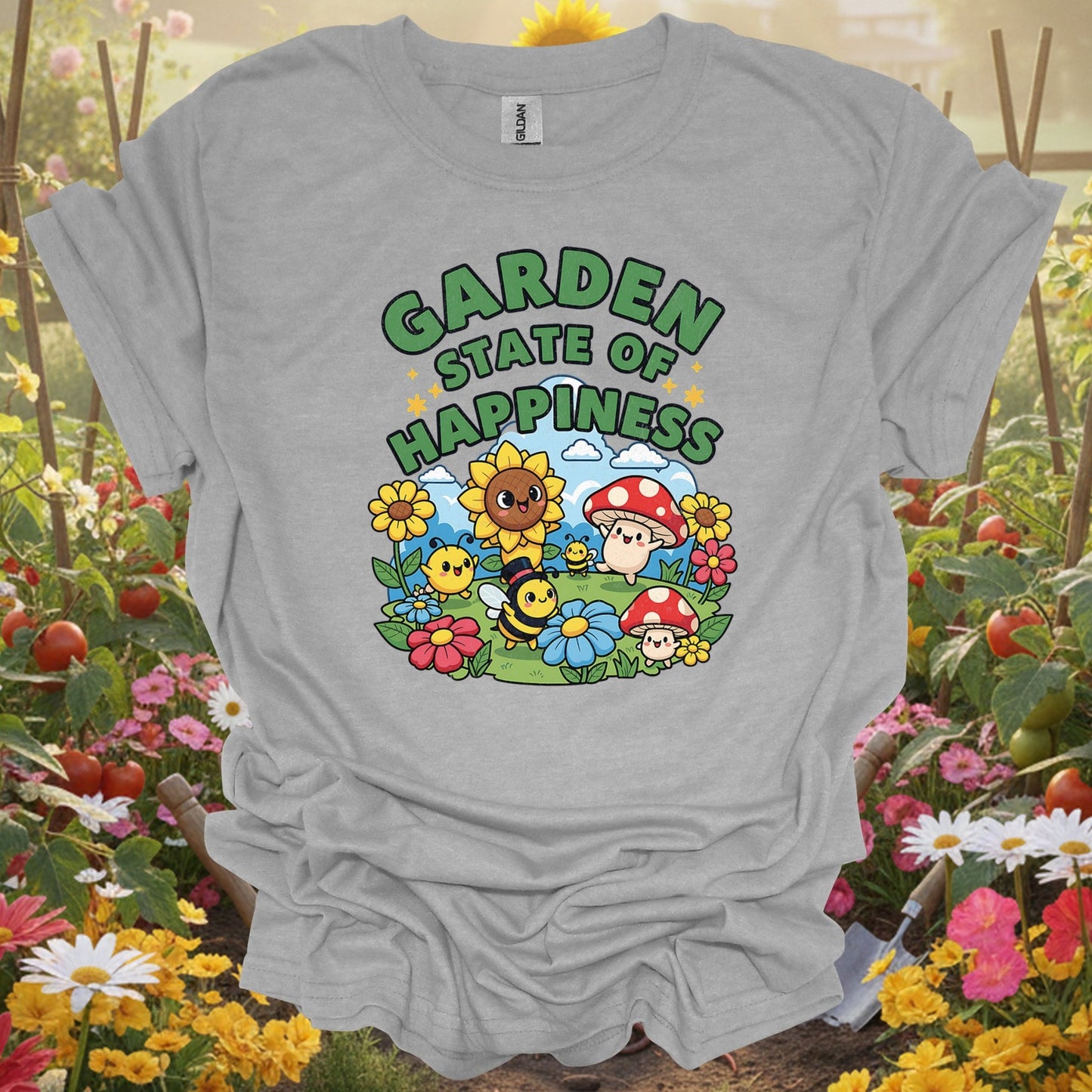 "Garden State of Happiness" Whimsical Mushroom T-Shirt - GardeningTshirts