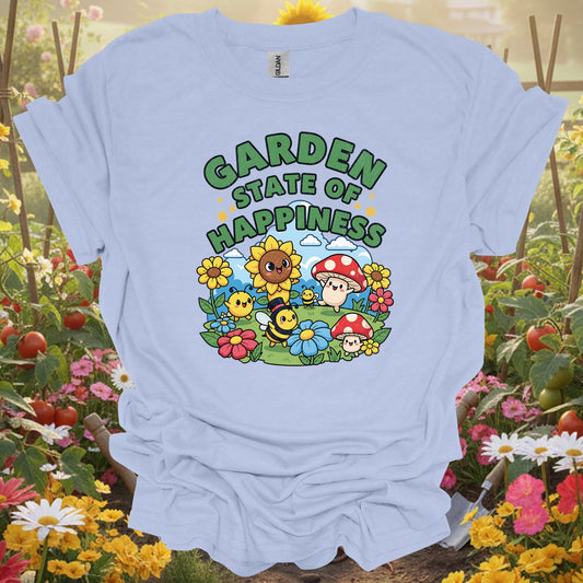 "Garden State of Happiness" Whimsical Mushroom T-Shirt - GardeningTshirts