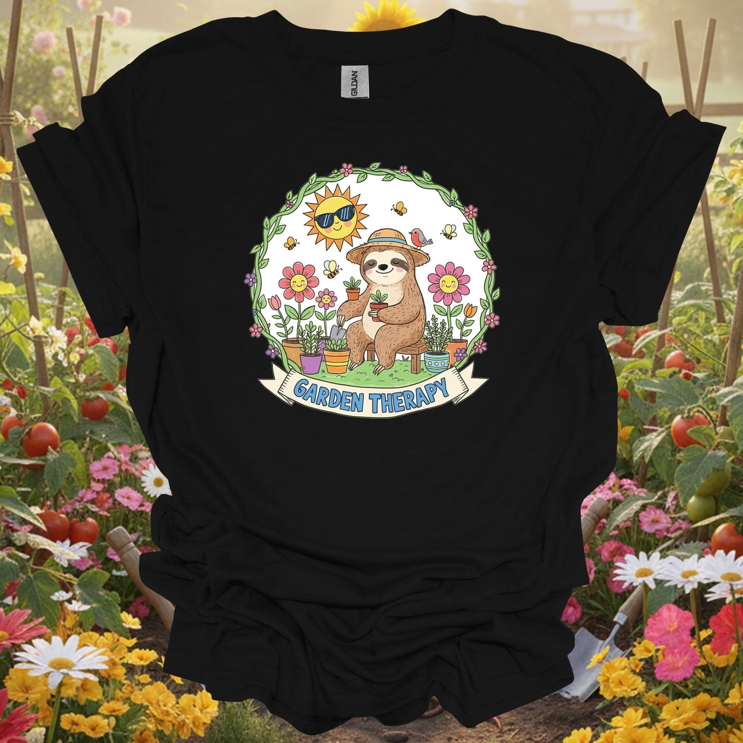 Black shirt showing garden therapy cute sloth gardener for outdoor enthusiasts